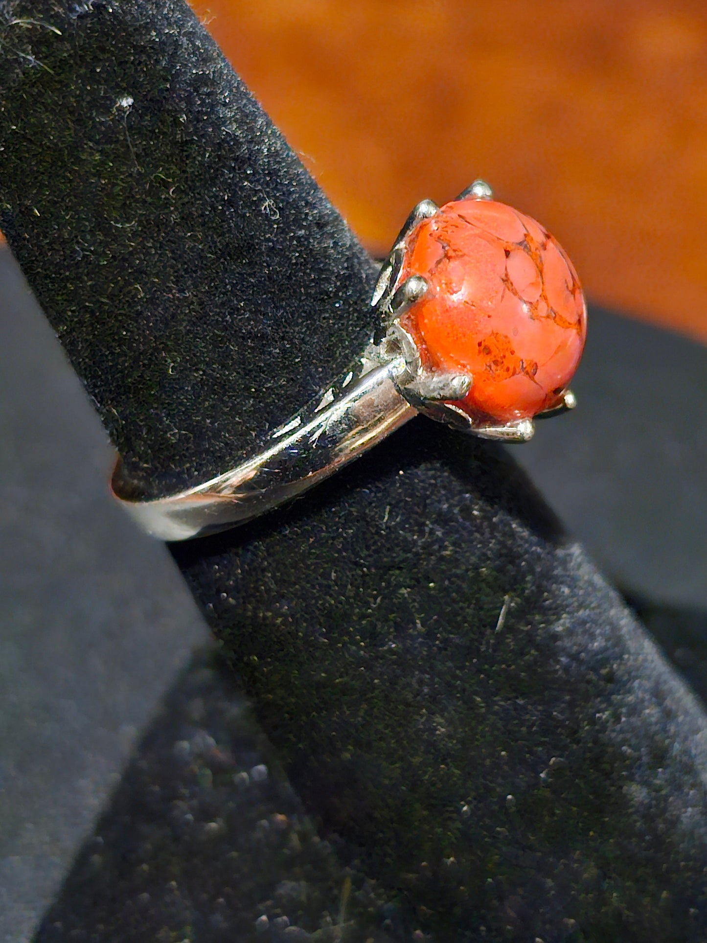 Cadmium Glass "Lava" Ring in size 5.5 new Sterling Silver with vintage round cut 11mm Cadmium glass stones that glows under black / UV light