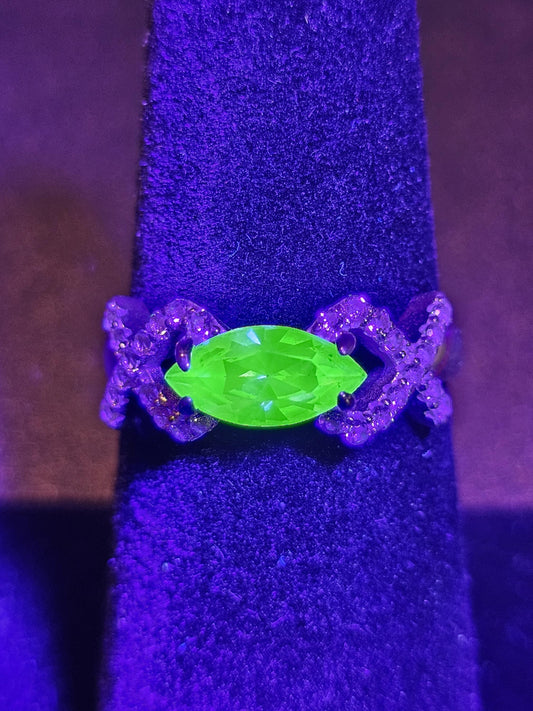 Uranium or Cadmium Glass Marquise cut Ring Size 6.5 Sterling Silver with vintage Uranium glass stone that glows under black / UV light