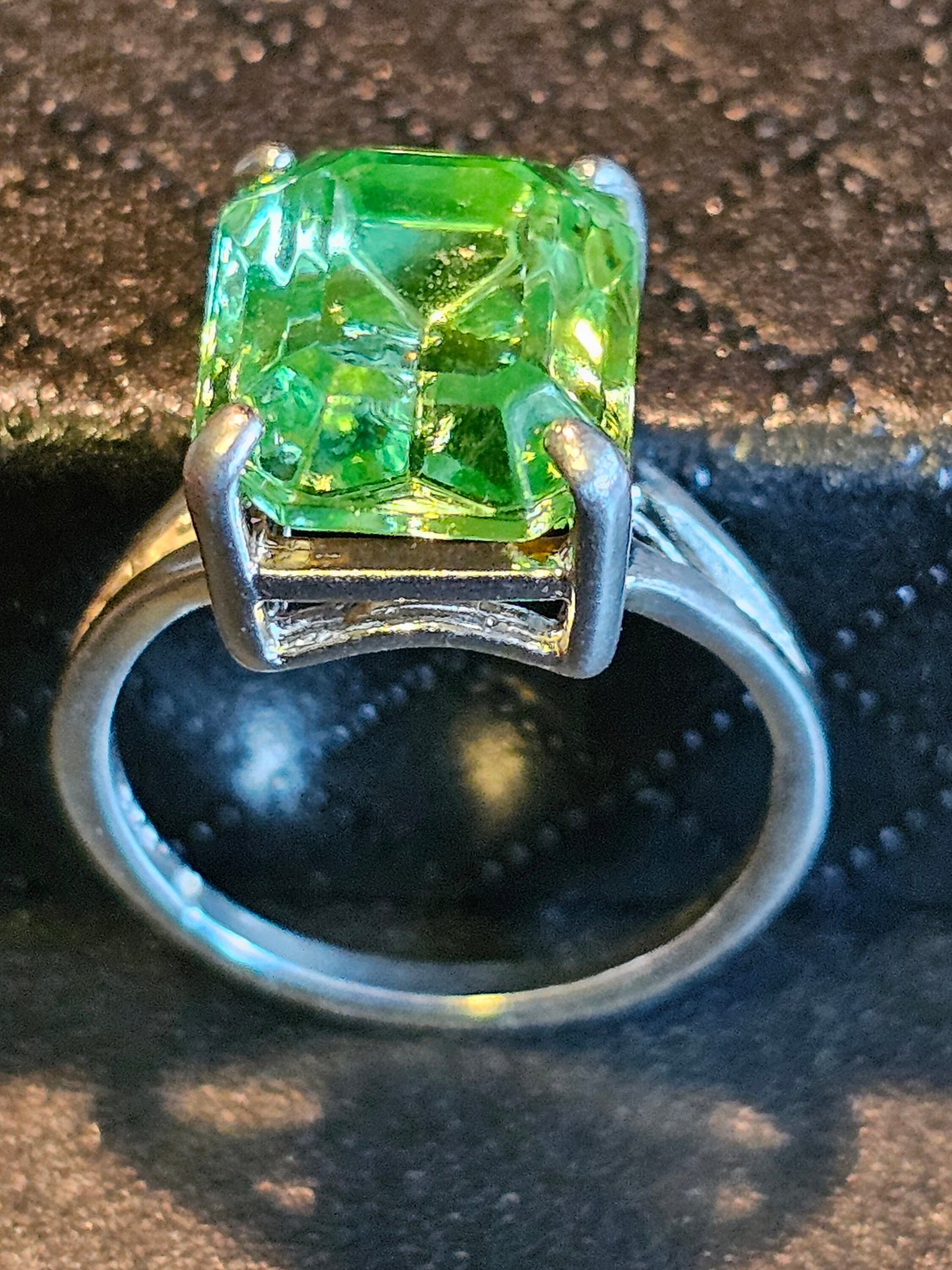 Uranium Glass Emerald cut Ring size 4.5, 6, 7 or 8 Sterling Silver with  large vintage Uranium glass stone that glows under black / UV light