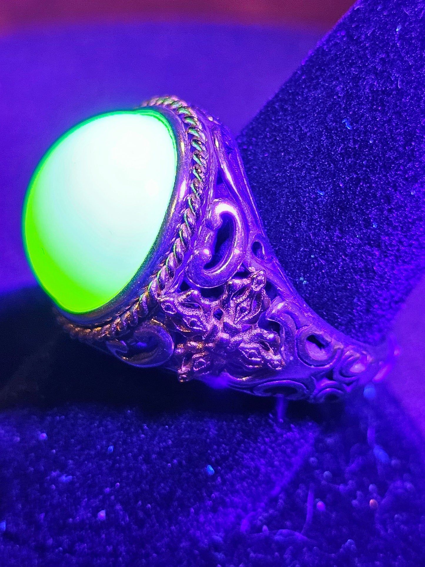 Uranium Glass Men's Ring Adjustable with 15 mm vintage Uranium glass Round cut Cabochon opal colored stone that glows under black / UV light