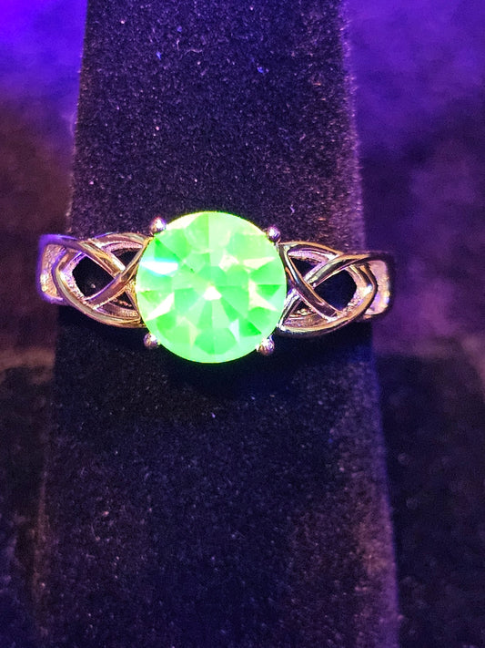 Uranium Glass Round cut Celtic Knot Ring in size 4 to 10.5 Sterling Silver with vintage Uranium glass stone that glows under black/UV light