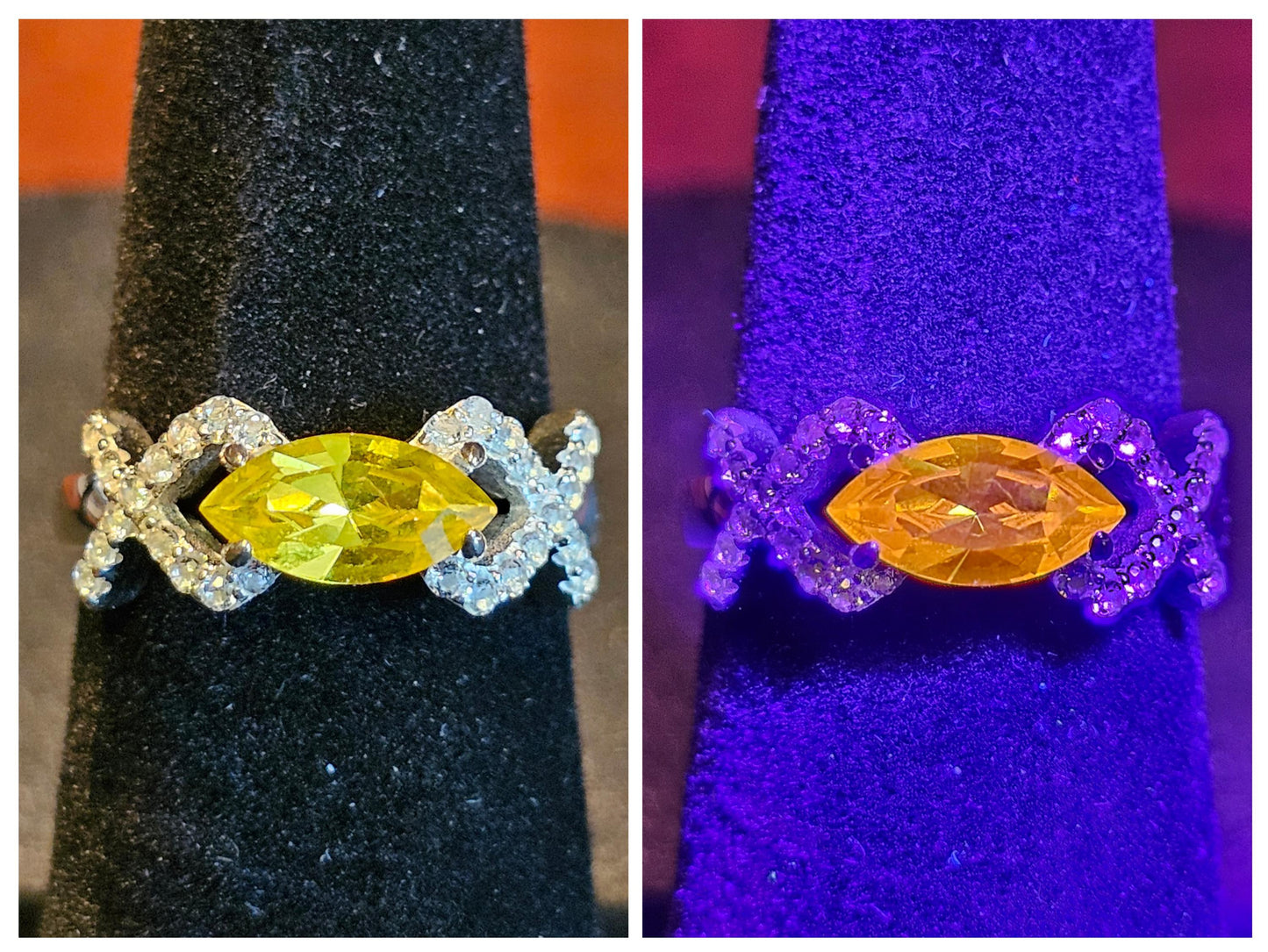 Uranium or Cadmium Glass Marquise cut Ring Size 6.5 Sterling Silver with vintage Uranium glass stone that glows under black / UV light
