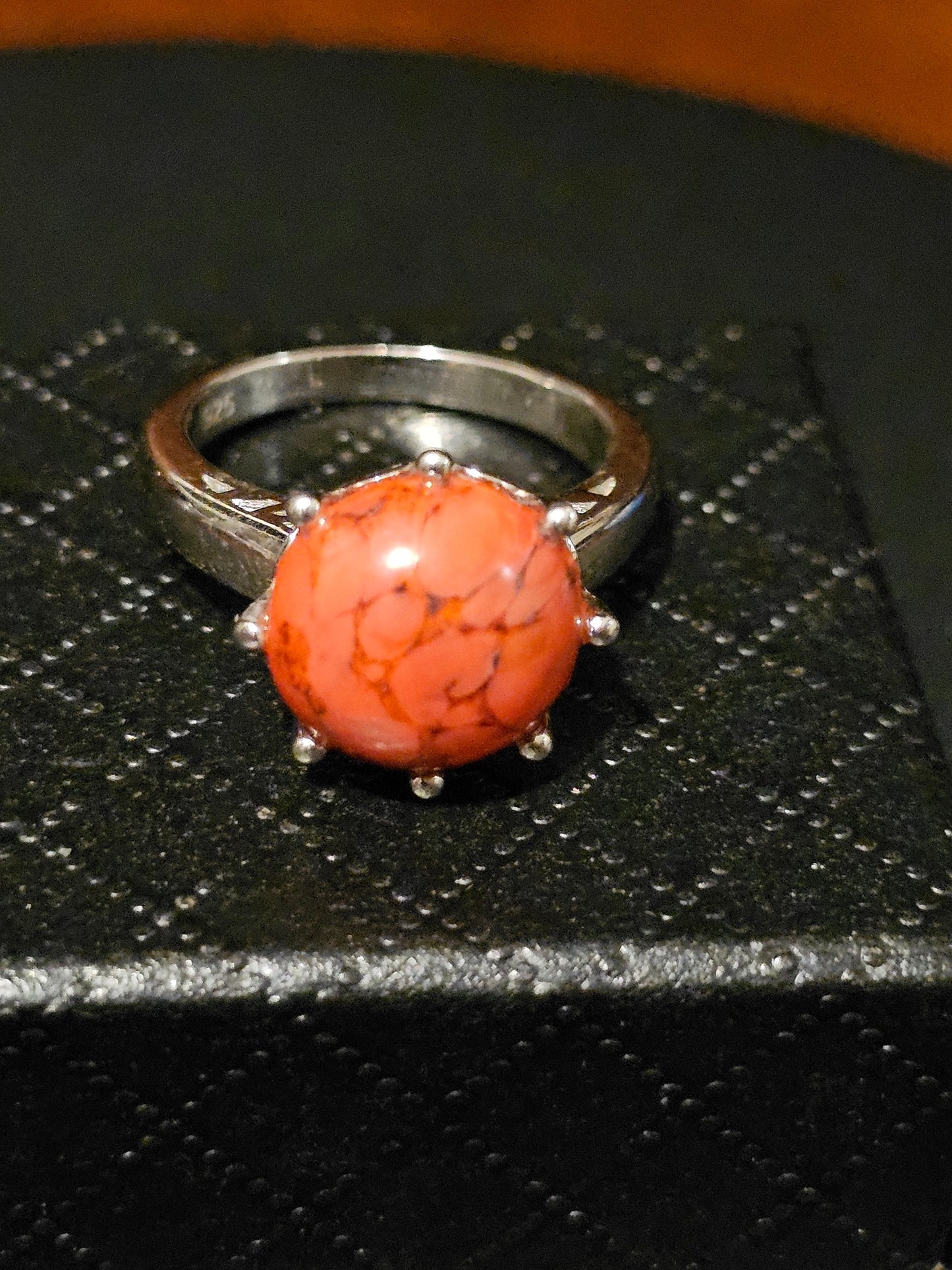 Cadmium Glass "Lava" Ring in size 5.5 new Sterling Silver with vintage round cut 11mm Cadmium glass stones that glows under black / UV light