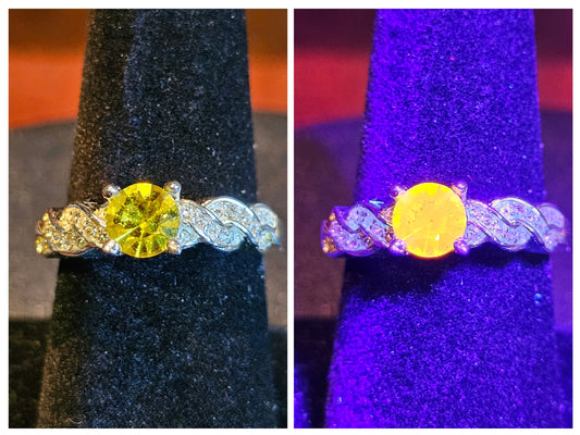 Cadmium Glass Round cut Ring size 8 new Sterling Silver ring with vintage 6 mm Cadmium glass stone that glows under black / UV light