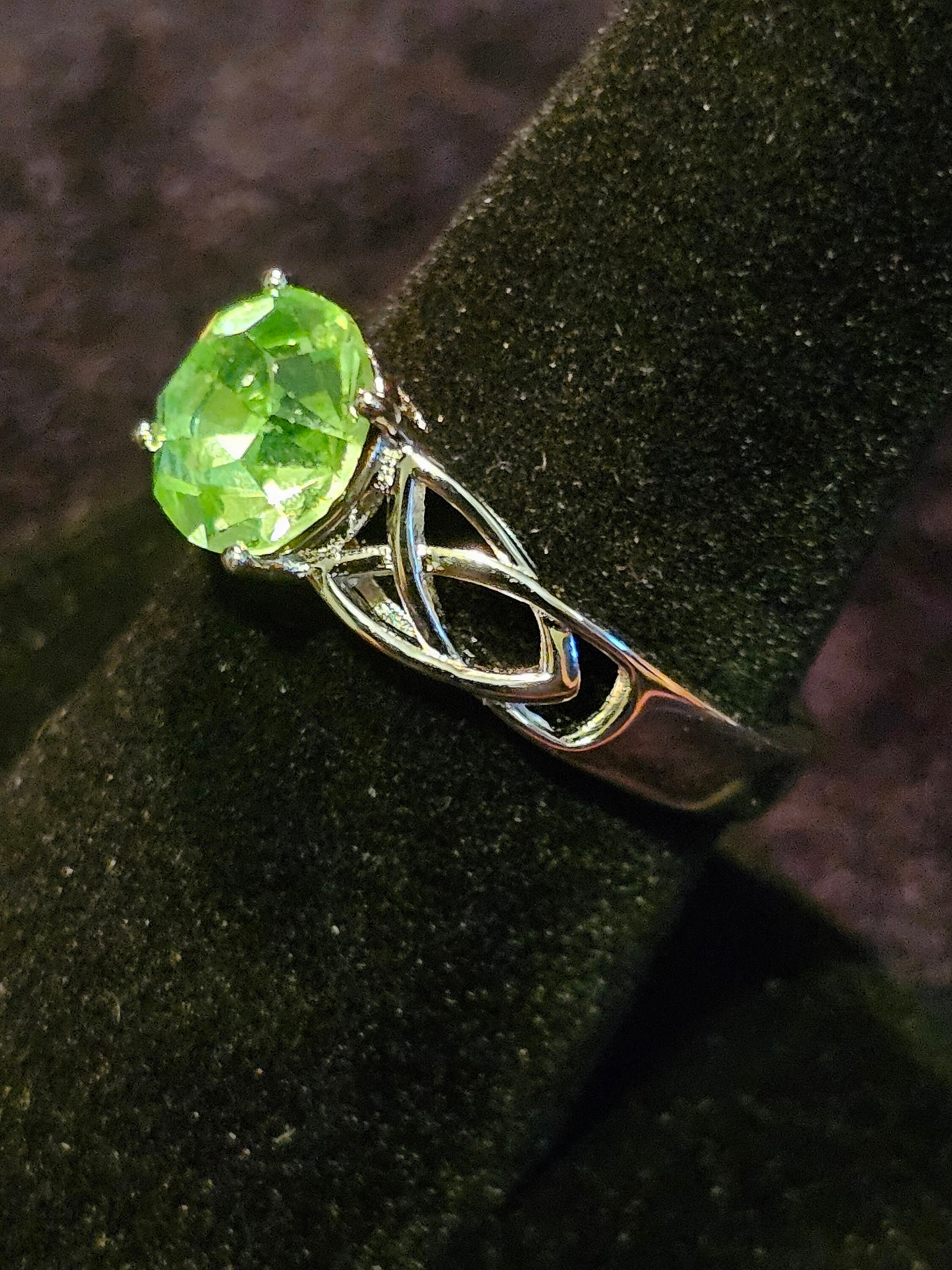 Uranium Glass Round cut Celtic Knot Ring in size 4 to 10.5 Sterling Silver with vintage Uranium glass stone that glows under black/UV light