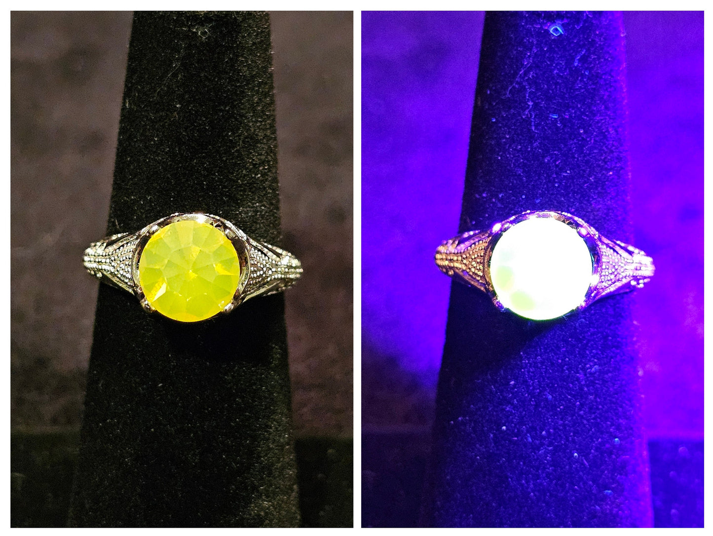 Uranium Glass Round cut Ring vintage style new Sterling Silver size 7 vintage Yellow Uranium glass stone that glows under black / UV light