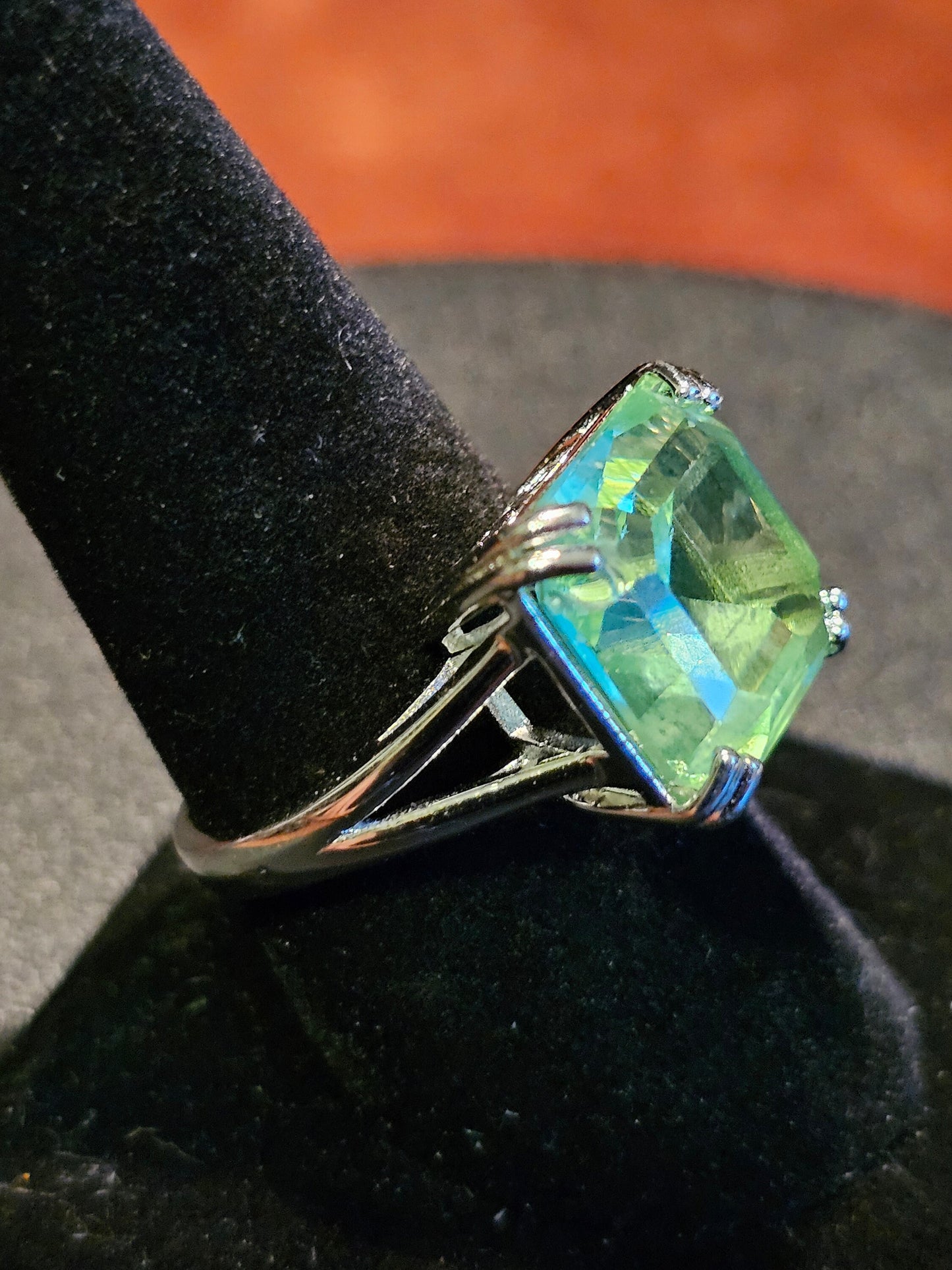 Uranium Glass Princess cut Ring size 6.5, 7, or 7.5 new Sterling Silver large vintage Uranium glass stone that glows under black / UV light