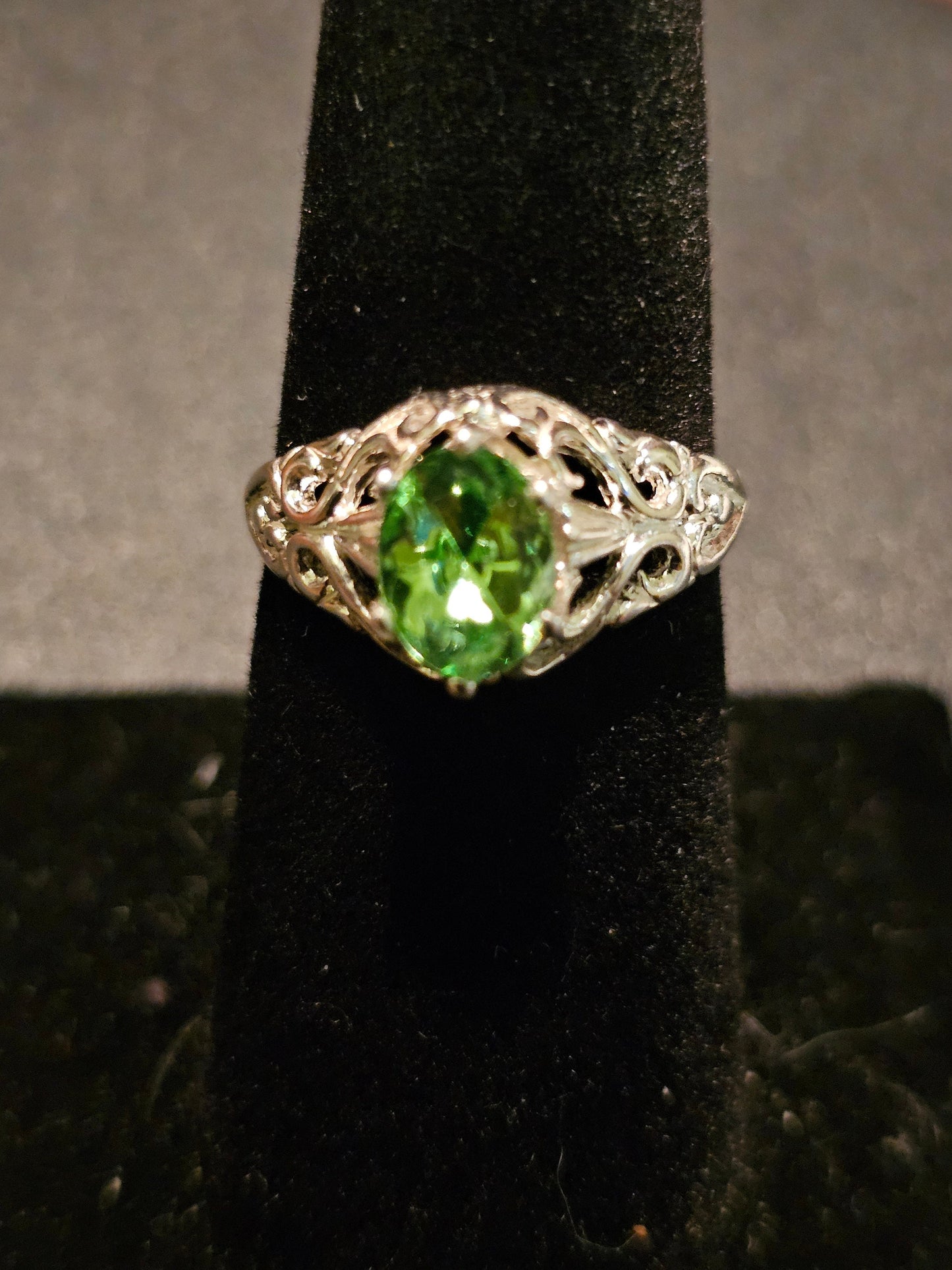 Uranium Glass Oval cut Ring size 6.5, new filigree style Sterling Silver with  vintage Uranium glass stone that glows under black / UV light