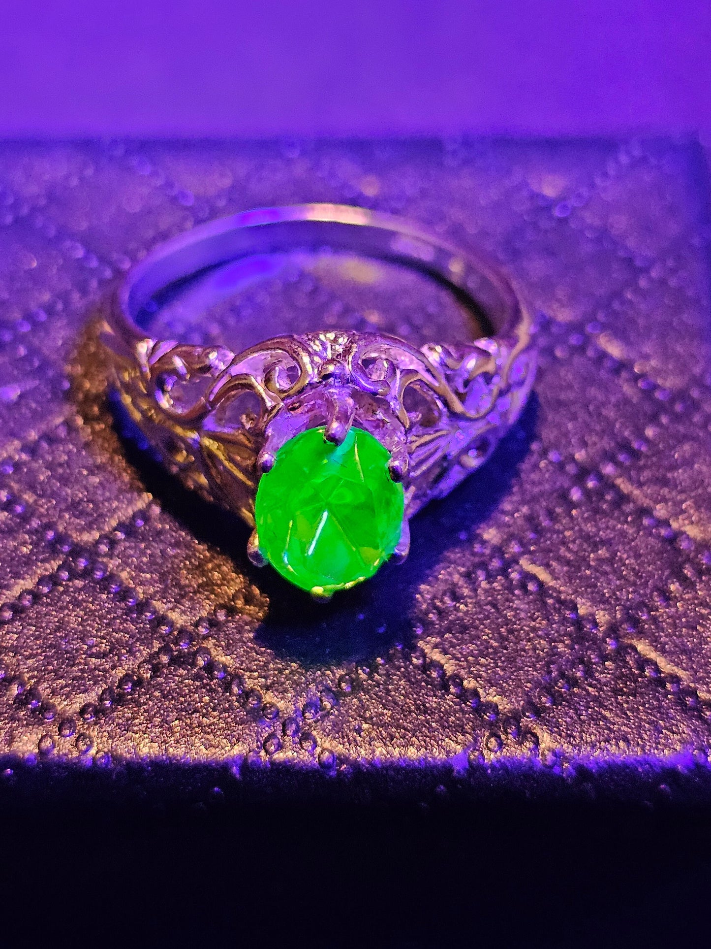 Uranium Glass Oval cut Ring size 6.5, new filigree style Sterling Silver with  vintage Uranium glass stone that glows under black / UV light
