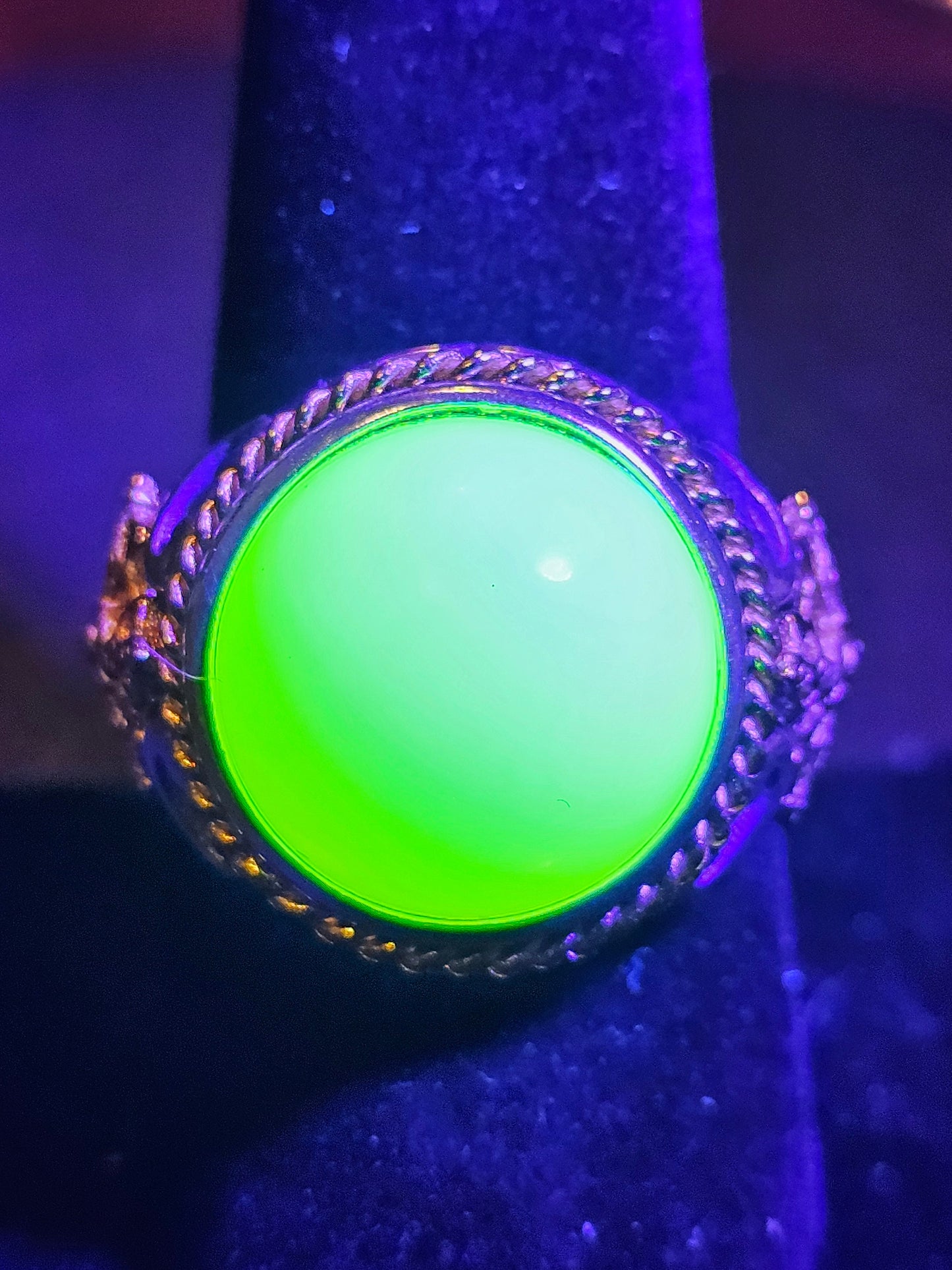 Uranium Glass Men's Ring Adjustable with 15 mm vintage Uranium glass Round cut Cabochon opal colored stone that glows under black / UV light