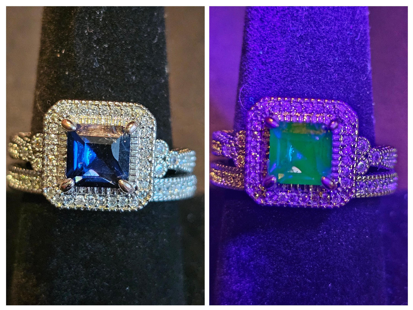 Bague en verre d'uranium taille princesse taille 9 nouvelle argent sterling bleu vintage pierre de taille carrée en verre d'uranium qui brille sous la lumière noire / UV