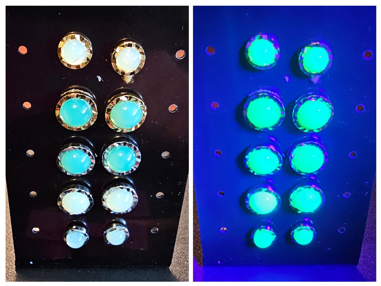 Uranium Glass Earrings in Sterling Silver or Gold-plated with Vintage 7 or 5mm Round cut Uranium Glass stones that glow under black/UV light