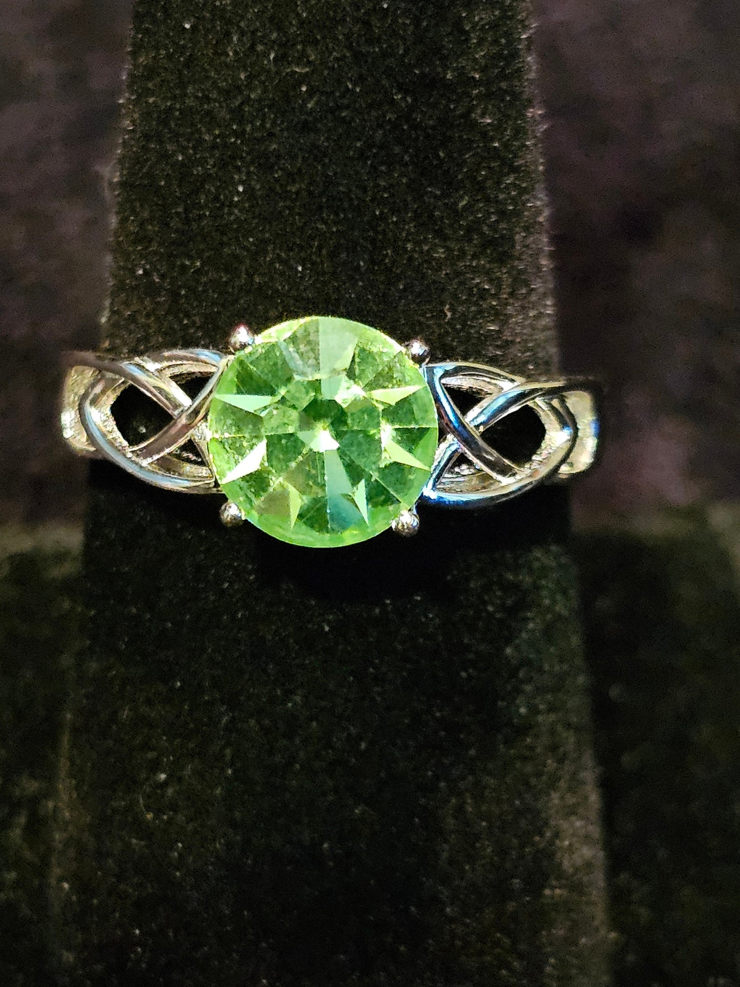 Uranium Glass Round cut Celtic Knot Ring in size 4 to 10.5 Sterling Silver with vintage Uranium glass stone that glows under black/UV light