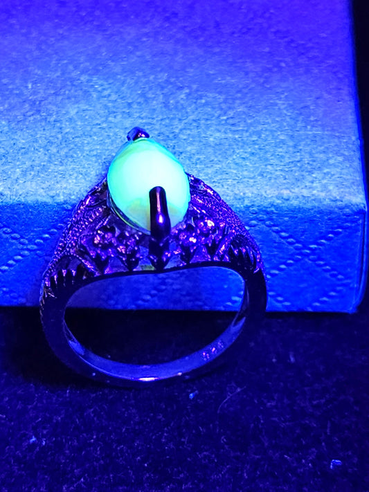 Bloody Uranium Glass Marquise cut Ring Size 7 Art Deco Sterling Silver with a vintage Uranium glass stone that glows under black / UV light