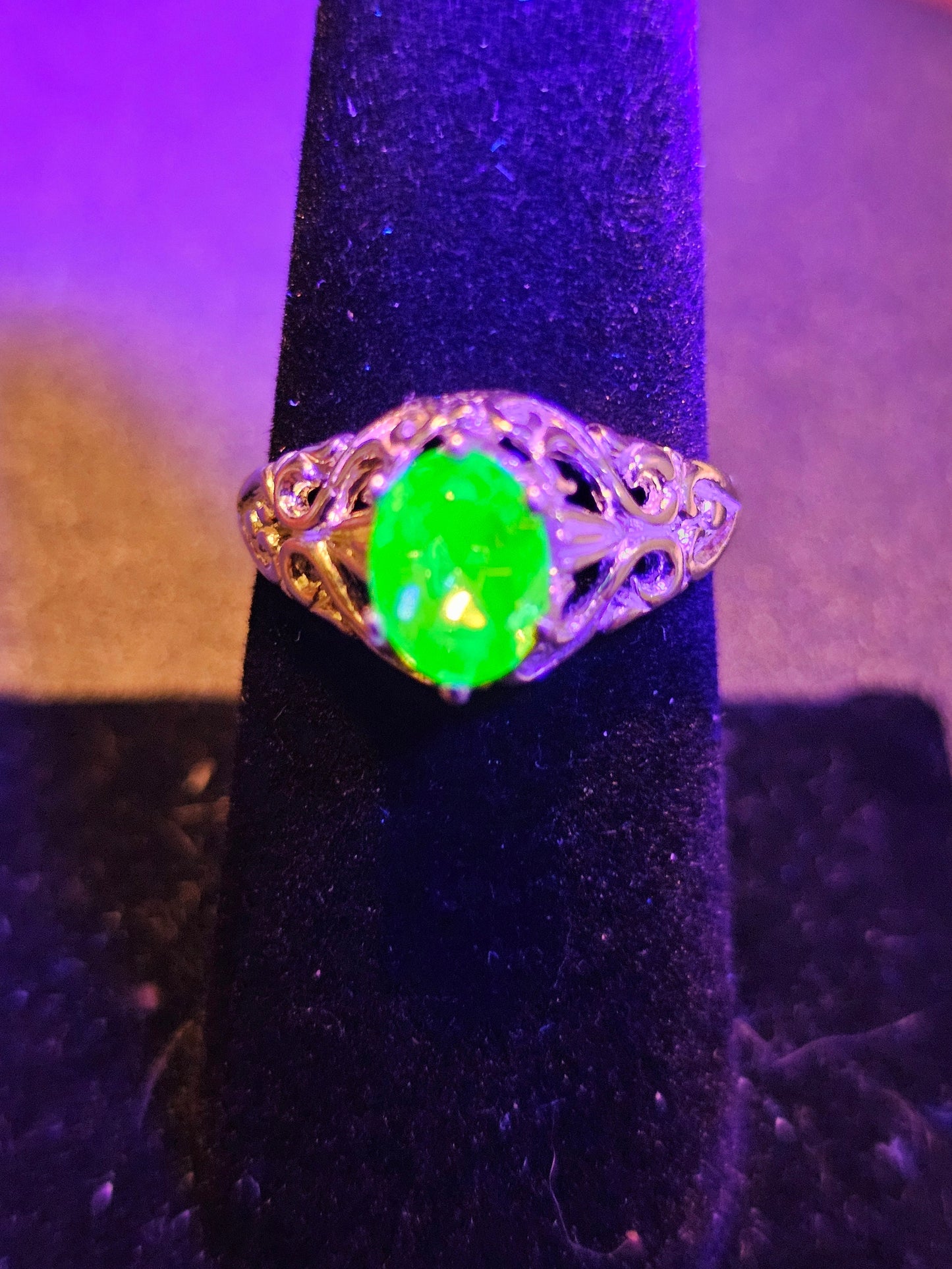 Uranium Glass Oval cut Ring size 6.5, new filigree style Sterling Silver with  vintage Uranium glass stone that glows under black / UV light