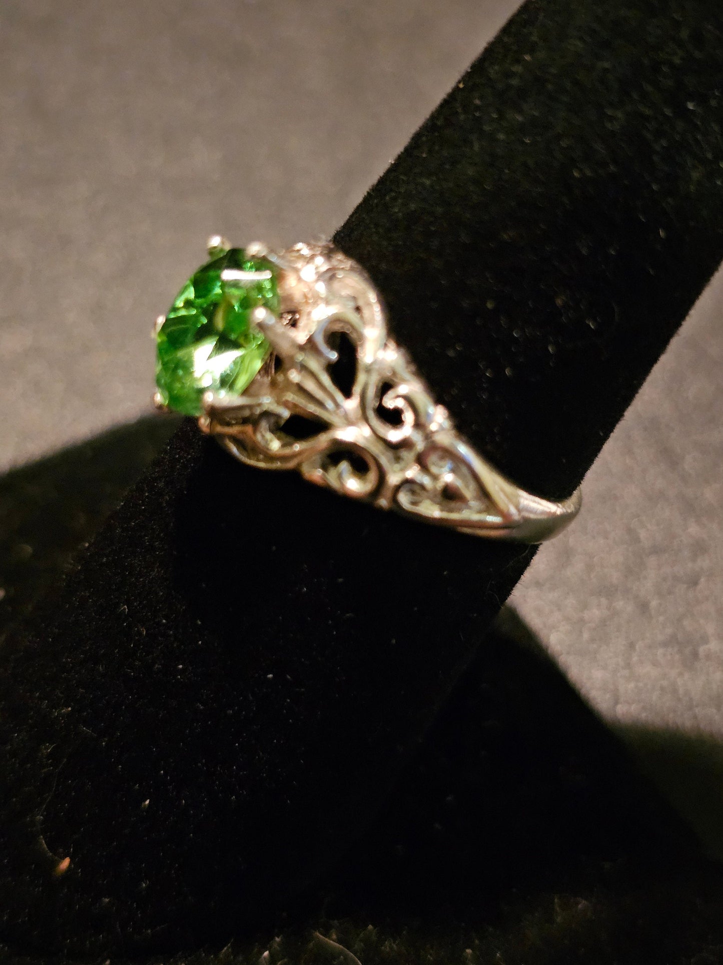 Uranium Glass Oval cut Ring size 6.5, new filigree style Sterling Silver with  vintage Uranium glass stone that glows under black / UV light