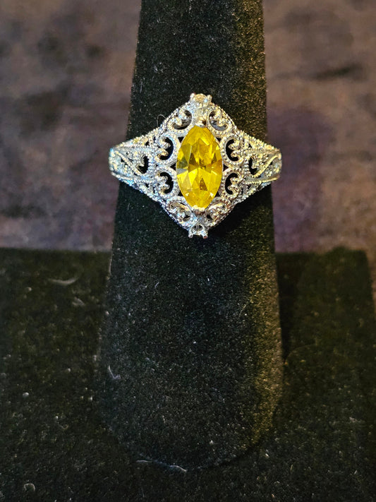 Cadmium Glass Marquise cut Ring Size 7.5 Art Deco style Sterling Silver with a vintage Cadmium glass stone that glows under black / UV light