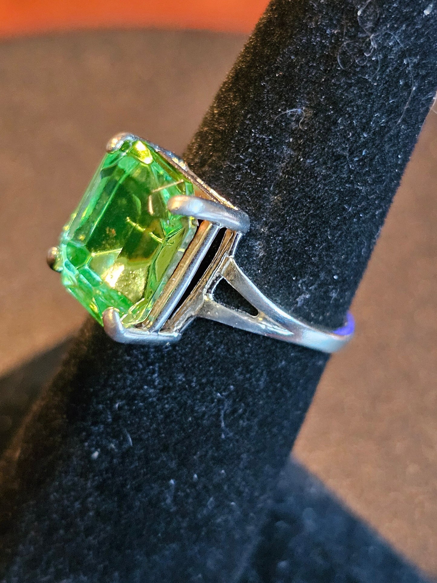 Uranium Glass Emerald cut Ring size 4.5, 6, 7 or 8 Sterling Silver with  large vintage Uranium glass stone that glows under black / UV light