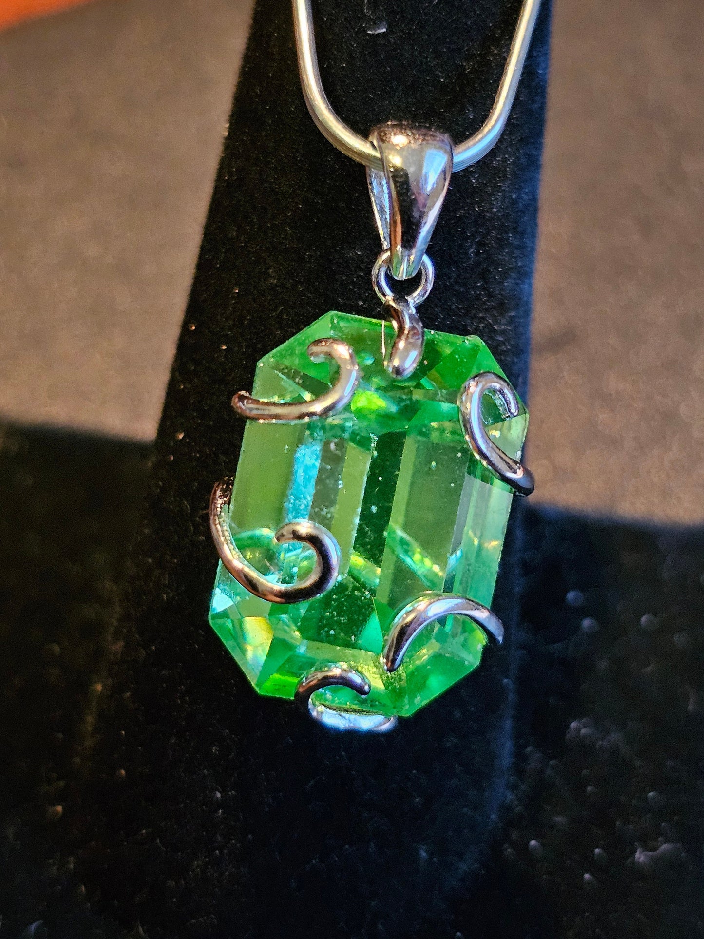 Uranium Glass Pendant in new Sterling Silver with a vintage Emerald cut 18x13 mm Uranium Glass stone glows under black / UV light