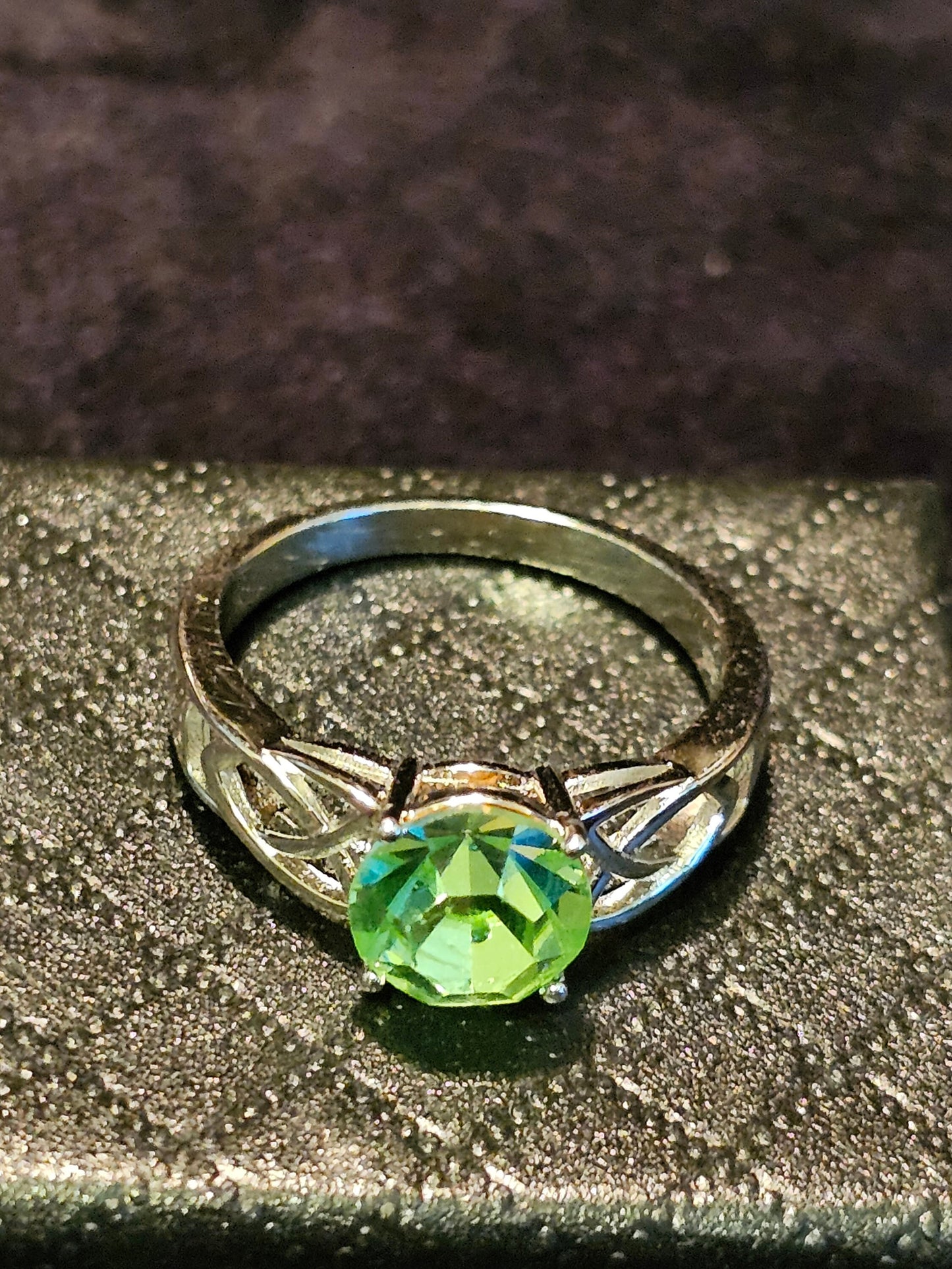 Uranium Glass Round cut Celtic Knot Ring in size 4 to 10.5 Sterling Silver with vintage Uranium glass stone that glows under black/UV light
