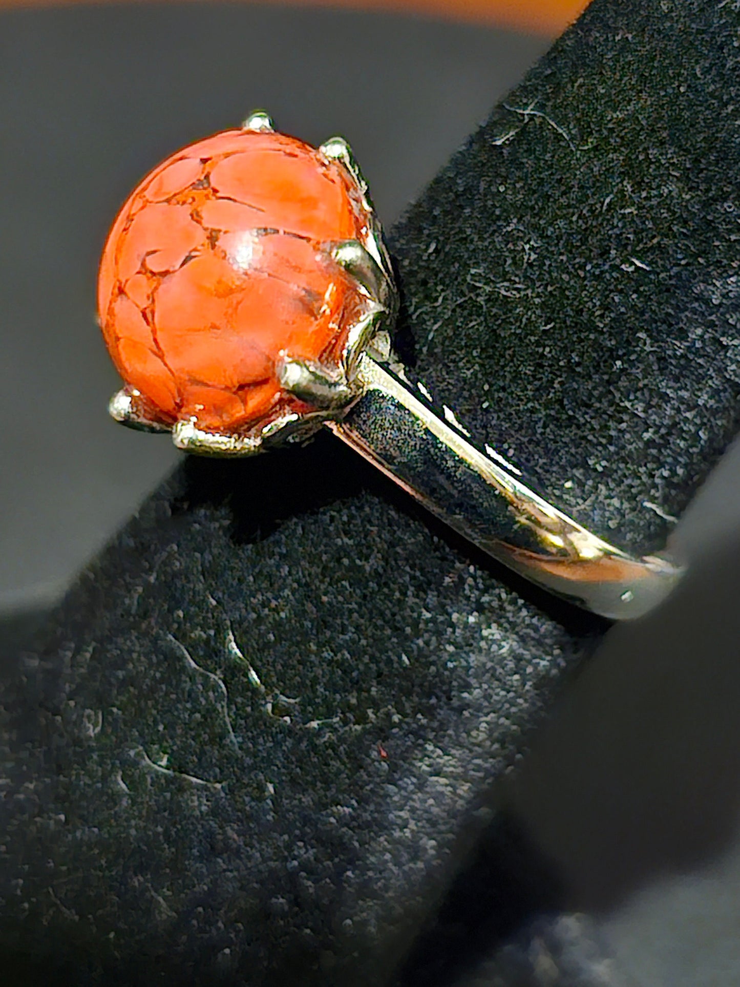 Cadmium Glass "Lava" Ring in size 5.5 new Sterling Silver with vintage round cut 11mm Cadmium glass stones that glows under black / UV light