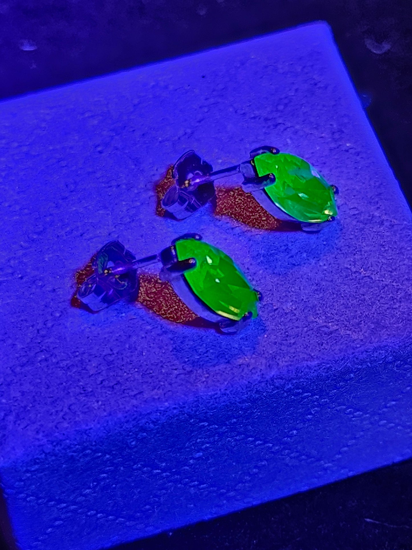 Uranium Glass Earrings in new Sterling Silver with Vintage Marquee cut 10x5 or 8x4 mm Uranium Glass stones that glows under black/UV light