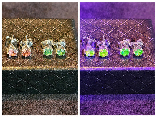 Boucles d'oreilles en verre d'uranium en argent sterling neuf avec des pierres en verre d'uranium vintage vert jaune ou rose rares, brillent sous la lumière noire/UV