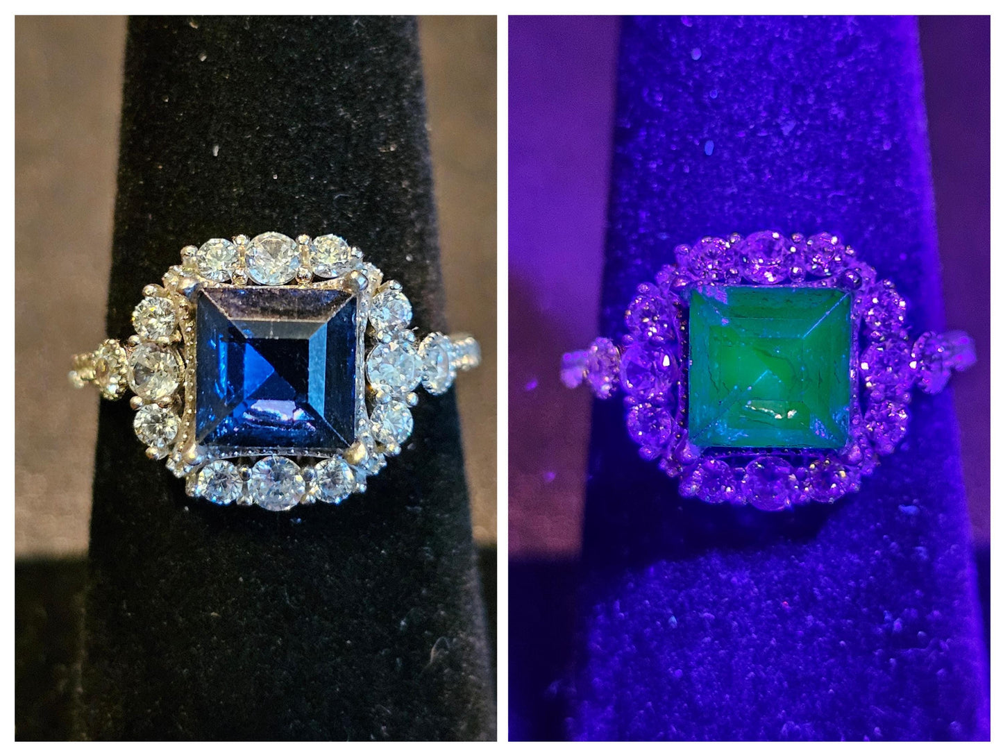 Bague en verre d'uranium taille princesse taille 6, 7, 8 en argent sterling de style halo avec une pierre de verre d'uranium bleu rare qui brille sous la lumière noire / UV