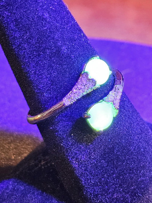 Uranium Glass Adjustable Ring  new Sterling Silver Round cut 5 mm opal colored vintage Uranium glass stones glows under black / UV light