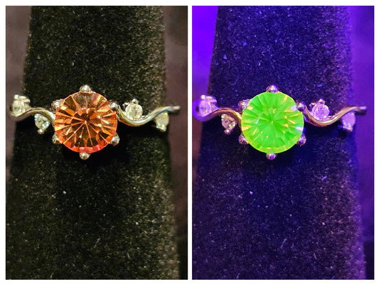 Uranium Glass Round cut Ring size 5 to 10 new Sterling Silver with a vintage rare Pink Uranium glass stone that glows under black / UV light