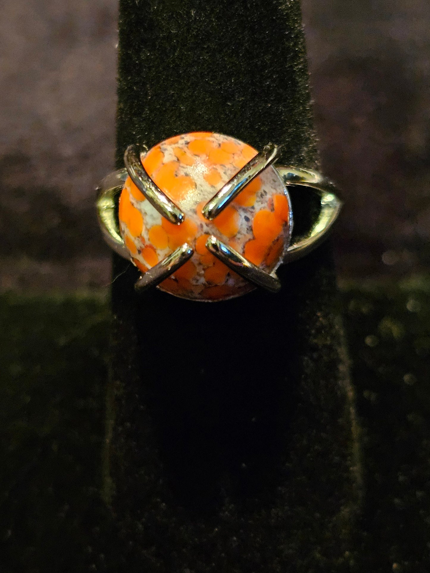 Cadmium Glass "Lava" Ring in size 7 Sterling Silver with vintage round cut 13mm Cadmium glass stones that glows under black / UV light