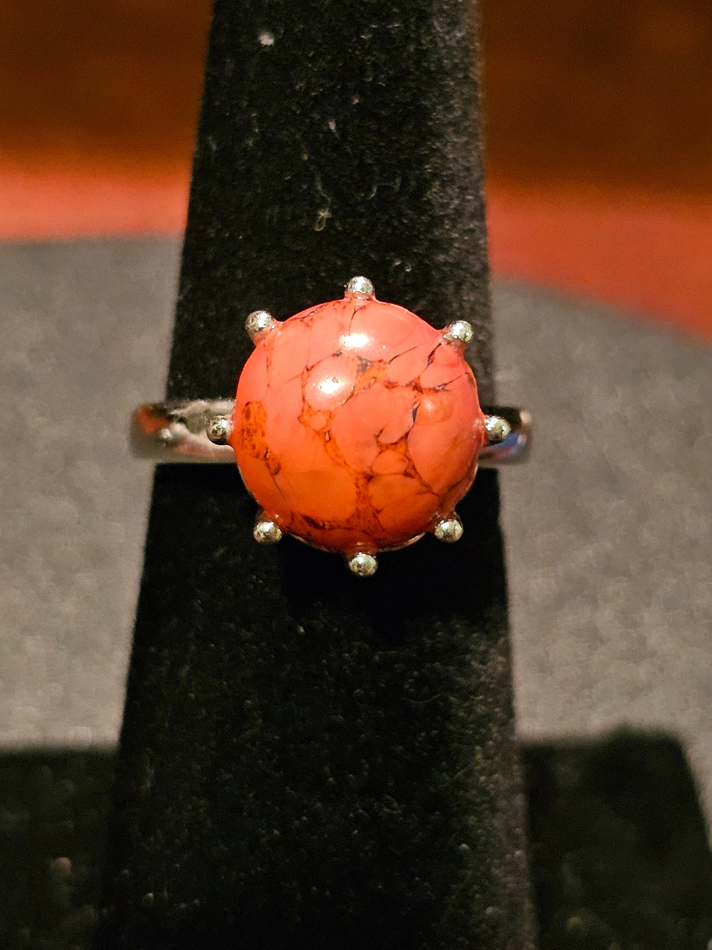 Cadmium Glass "Lava" Ring in size 5.5 new Sterling Silver with vintage round cut 11mm Cadmium glass stones that glows under black / UV light