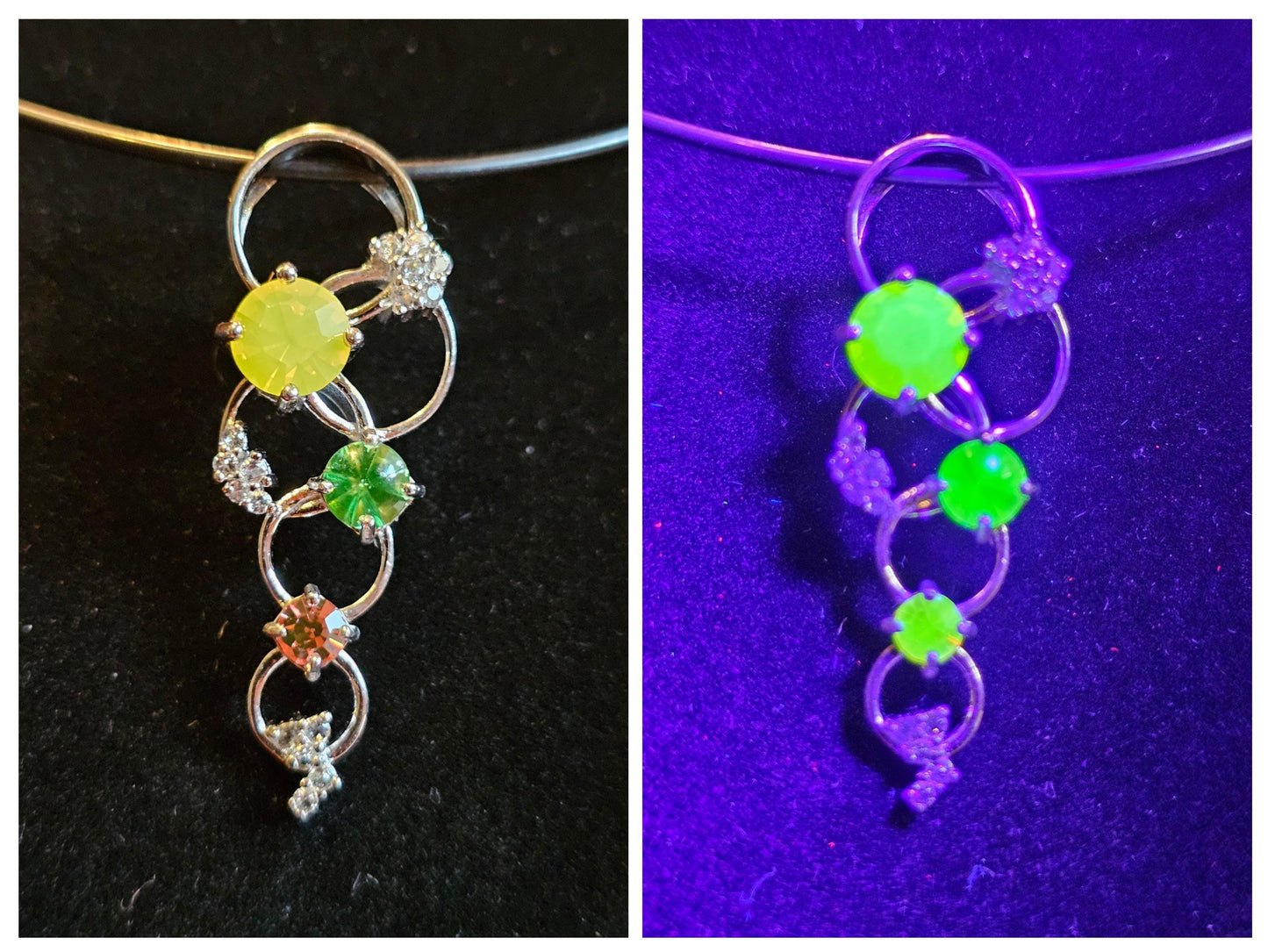 Pendentif en verre d'uranium dans un nouveau design de cercle en argent sterling avec plusieurs pierres de verre d'uranium vintage qui brillent sous la lumière noire / UV