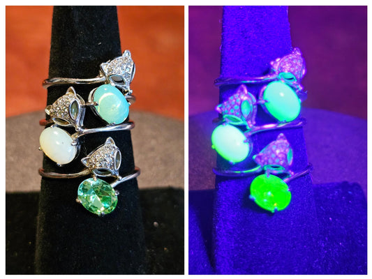 Bague renard en verre d'uranium Taille réglable en argent sterling neuf avec une pierre de verre d'uranium de taille ovale vintage qui brille sous la lumière noire / UV