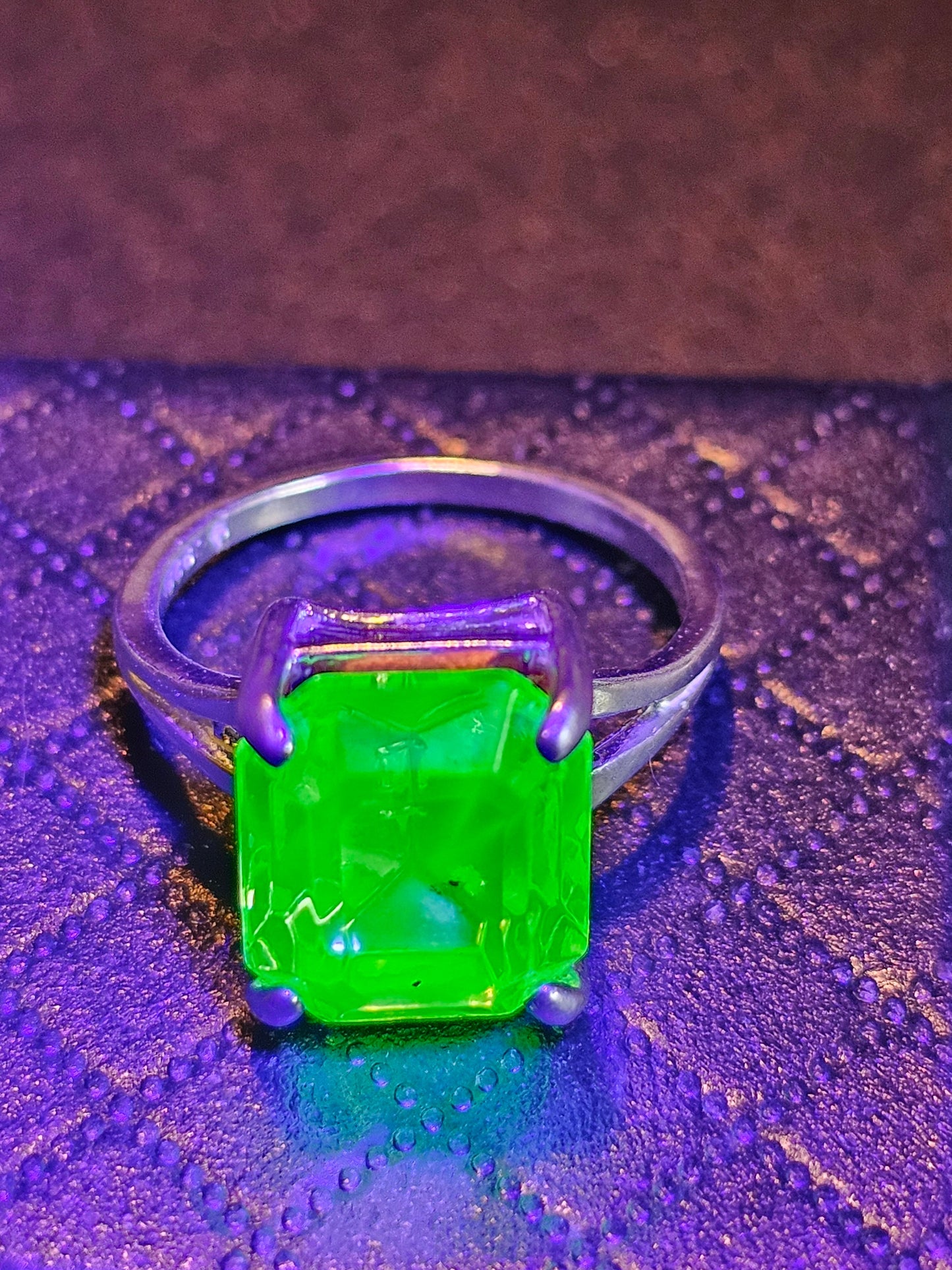 Uranium Glass Emerald cut Ring size 4.5, 6, 7 or 8 Sterling Silver with  large vintage Uranium glass stone that glows under black / UV light