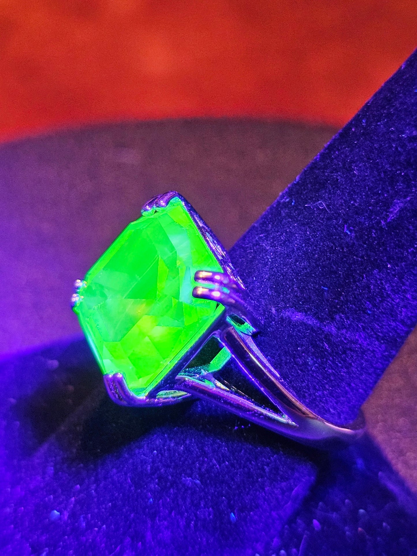 Uranium Glass Princess cut Ring size 6.5, 7, or 7.5 new Sterling Silver large vintage Uranium glass stone that glows under black / UV light