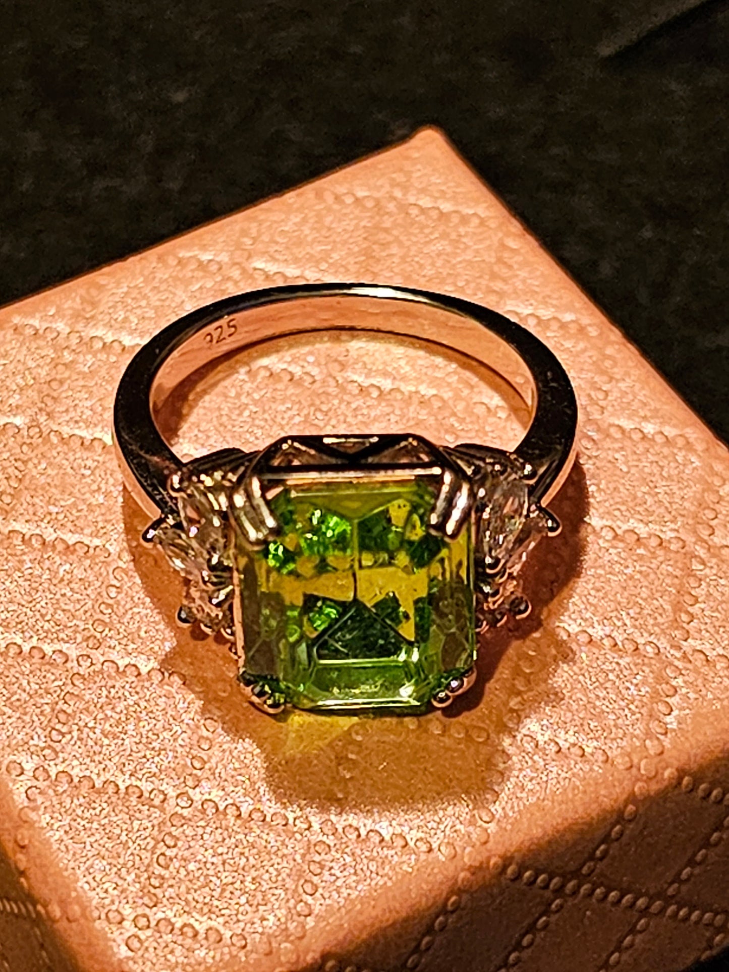 Uranium Glass Emerald cut Ring size 4.5 to 10.5 Sterling Silver with a large vintage  Uranium glass stone that glows under black/UV  light