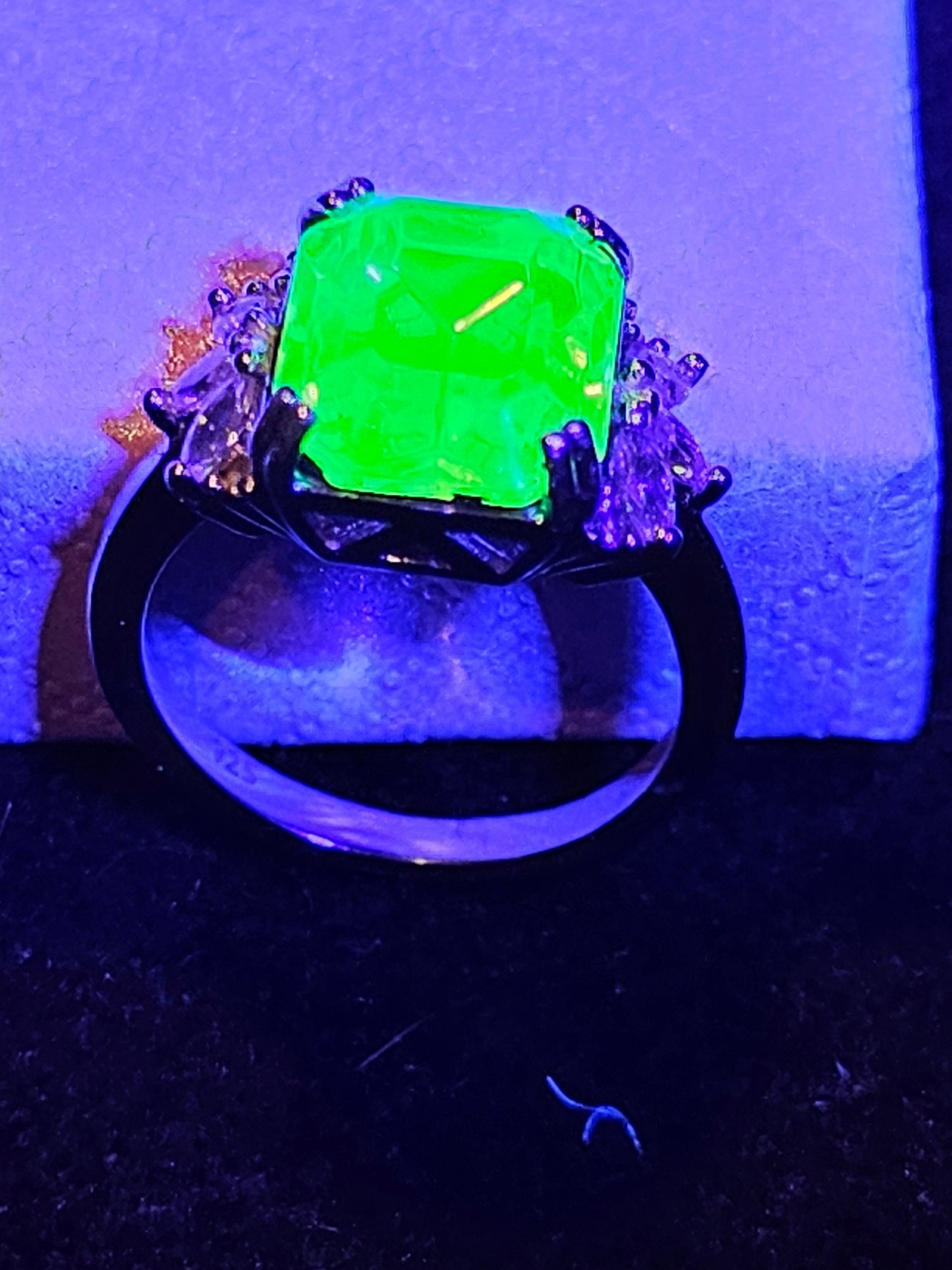 Uranium Glass Emerald cut Ring size 4.5 to 10.5 Sterling Silver with a large vintage  Uranium glass stone that glows under black/UV  light