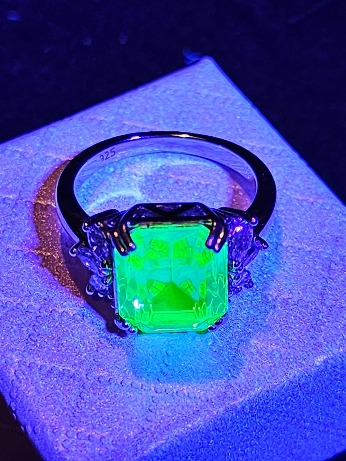 Uranium Glass Emerald cut Ring size 4.5 to 10.5 Sterling Silver with a large vintage  Uranium glass stone that glows under black/UV  light