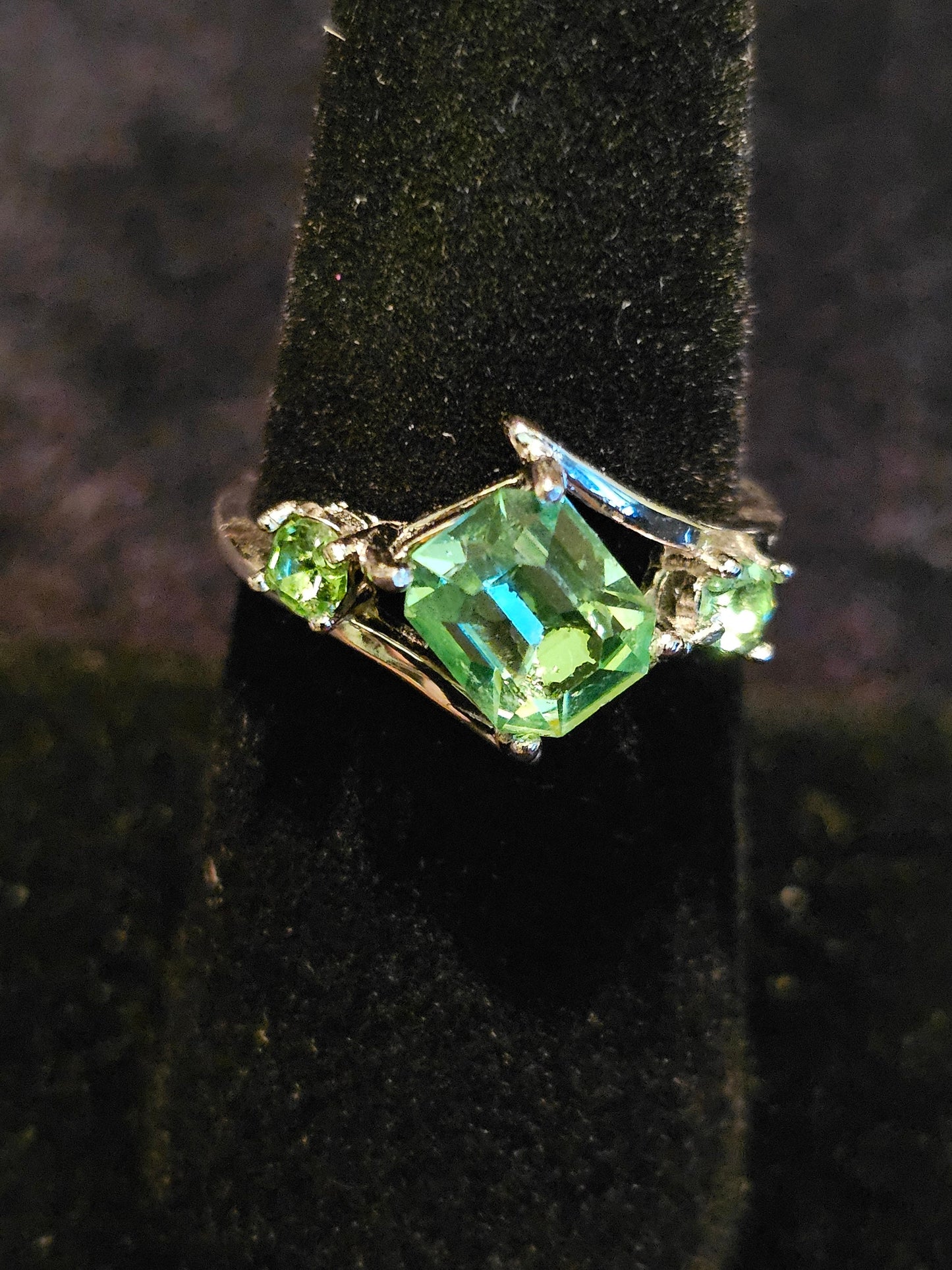 Uranium Glass Emerald cut Ring size 4 through 10.5 in new Sterling Silver with a vintage Uranium glass stone that glows under black / light