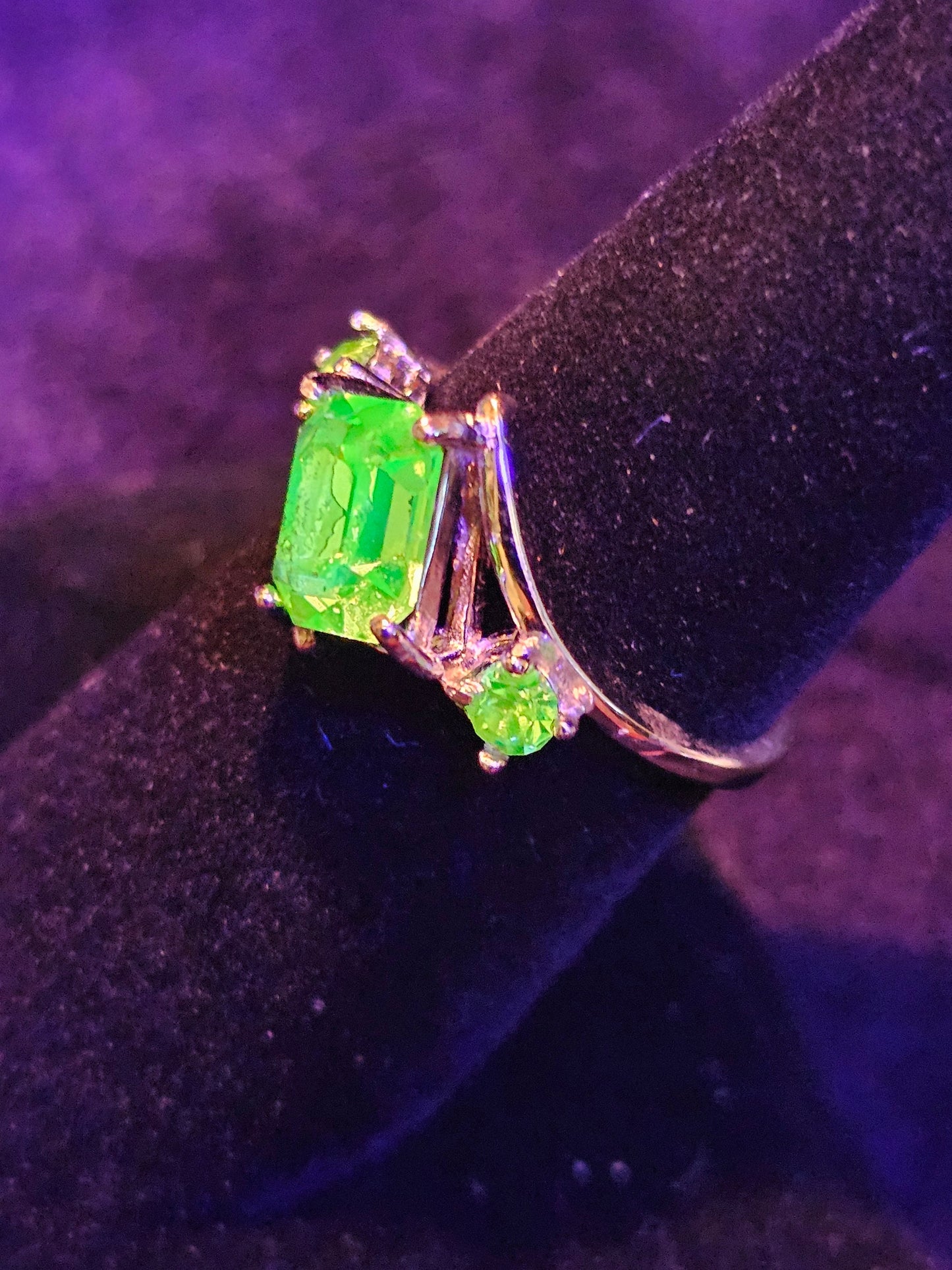 Uranium Glass Emerald cut Ring size 4 through 10.5 in new Sterling Silver with a vintage Uranium glass stone that glows under black / light