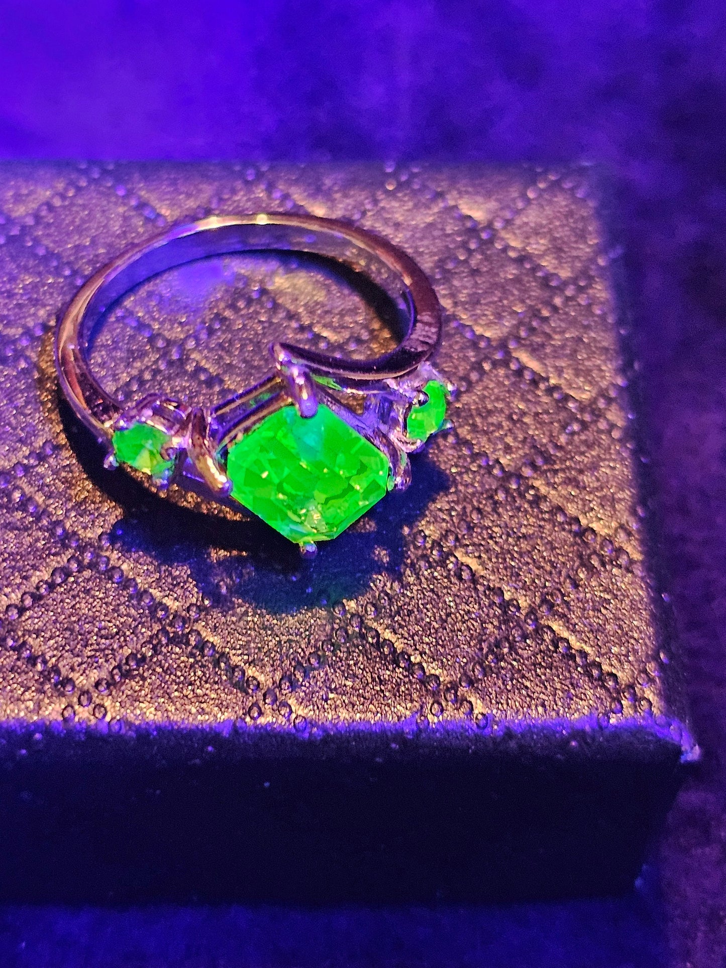 Uranium Glass Emerald cut Ring size 4 through 10.5 in new Sterling Silver with a vintage Uranium glass stone that glows under black / light