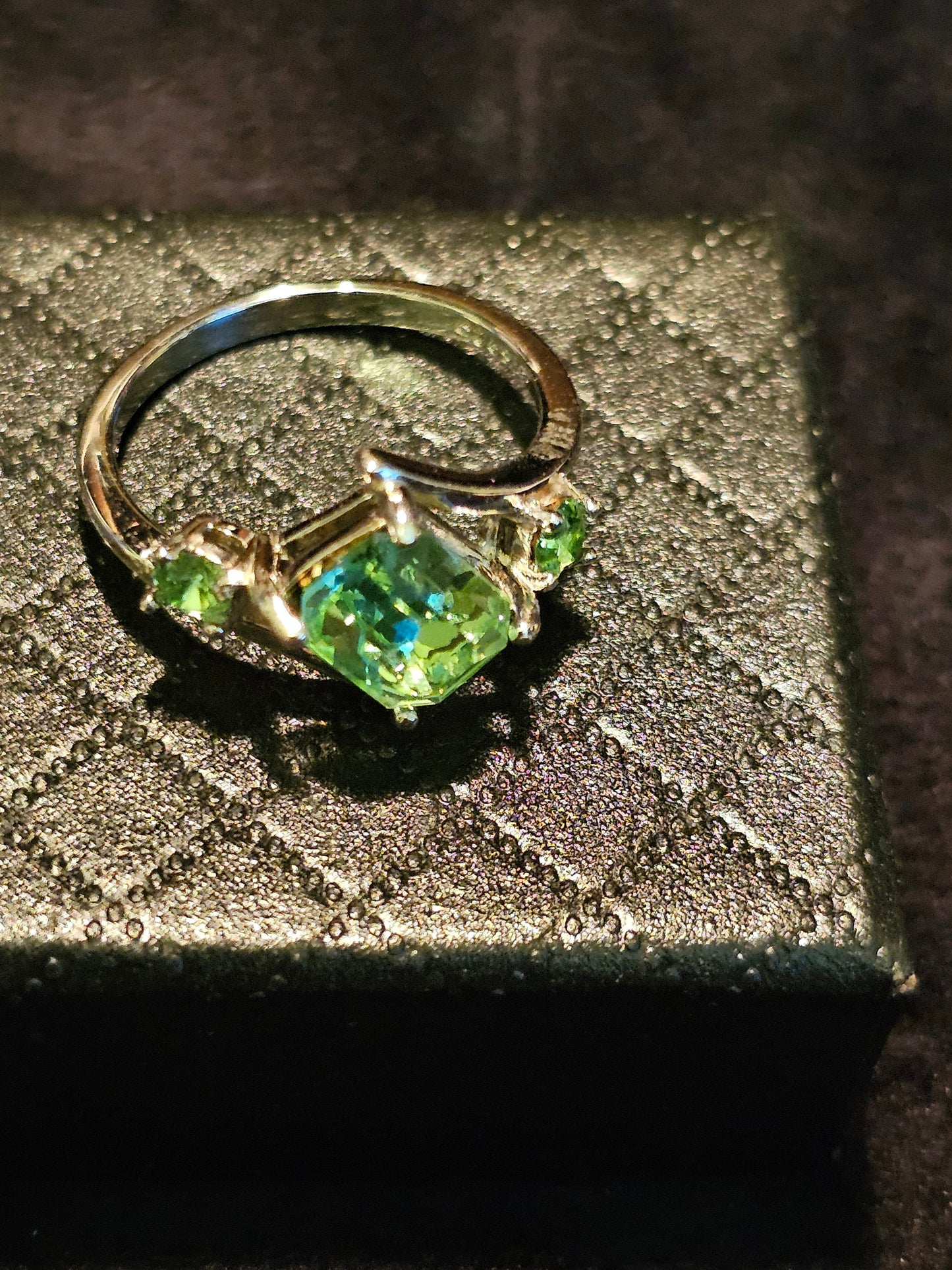 Uranium Glass Emerald cut Ring size 4 through 10.5 in new Sterling Silver with a vintage Uranium glass stone that glows under black / light