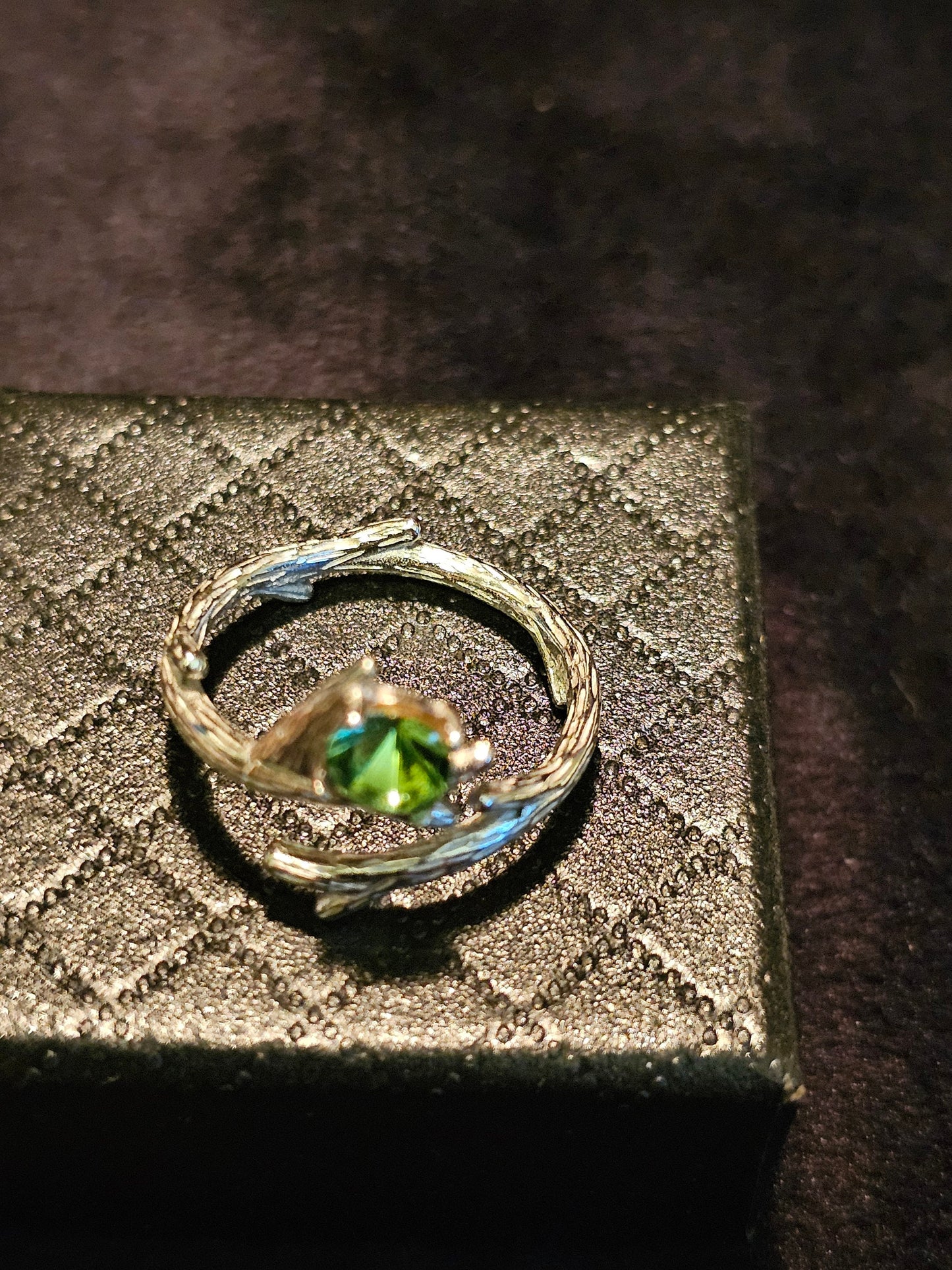 Uranium Glass Adjustable Ring new Sterling Silver with a vintage 5mm round cut Uranium glass stone that glows under black / UV light