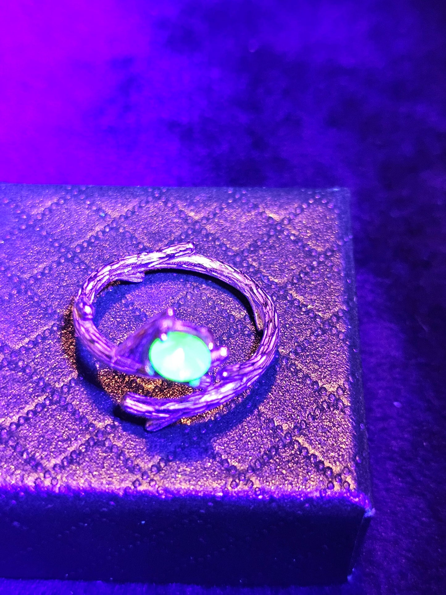 Uranium Glass Adjustable Ring new Sterling Silver with a vintage 5mm round cut Uranium glass stone that glows under black / UV light