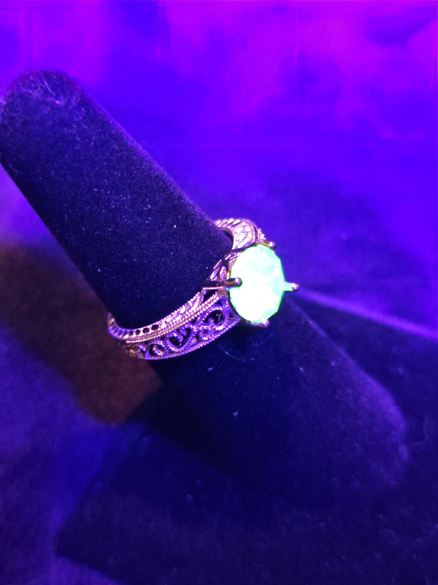 Uranium Glass Round cut Ring size 6, 9.5, or 10 New Sterling Silver  with vintage  Uranium glass stone that glows under black / UV light