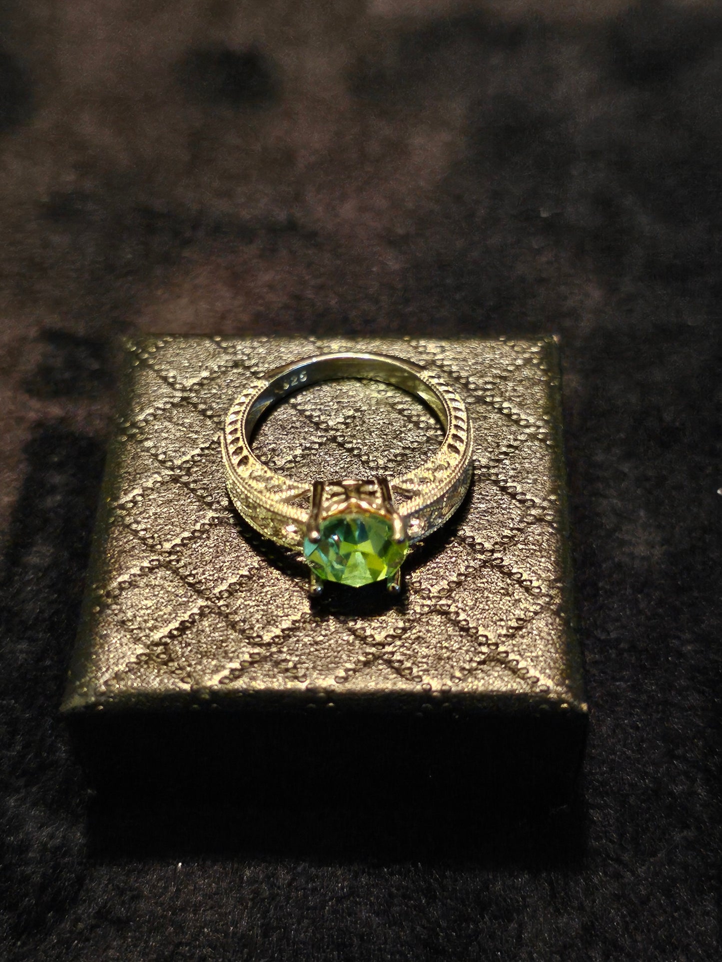 Uranium Glass Round cut Ring size 6, 9.5, or 10 New Sterling Silver  with vintage  Uranium glass stone that glows under black / UV light