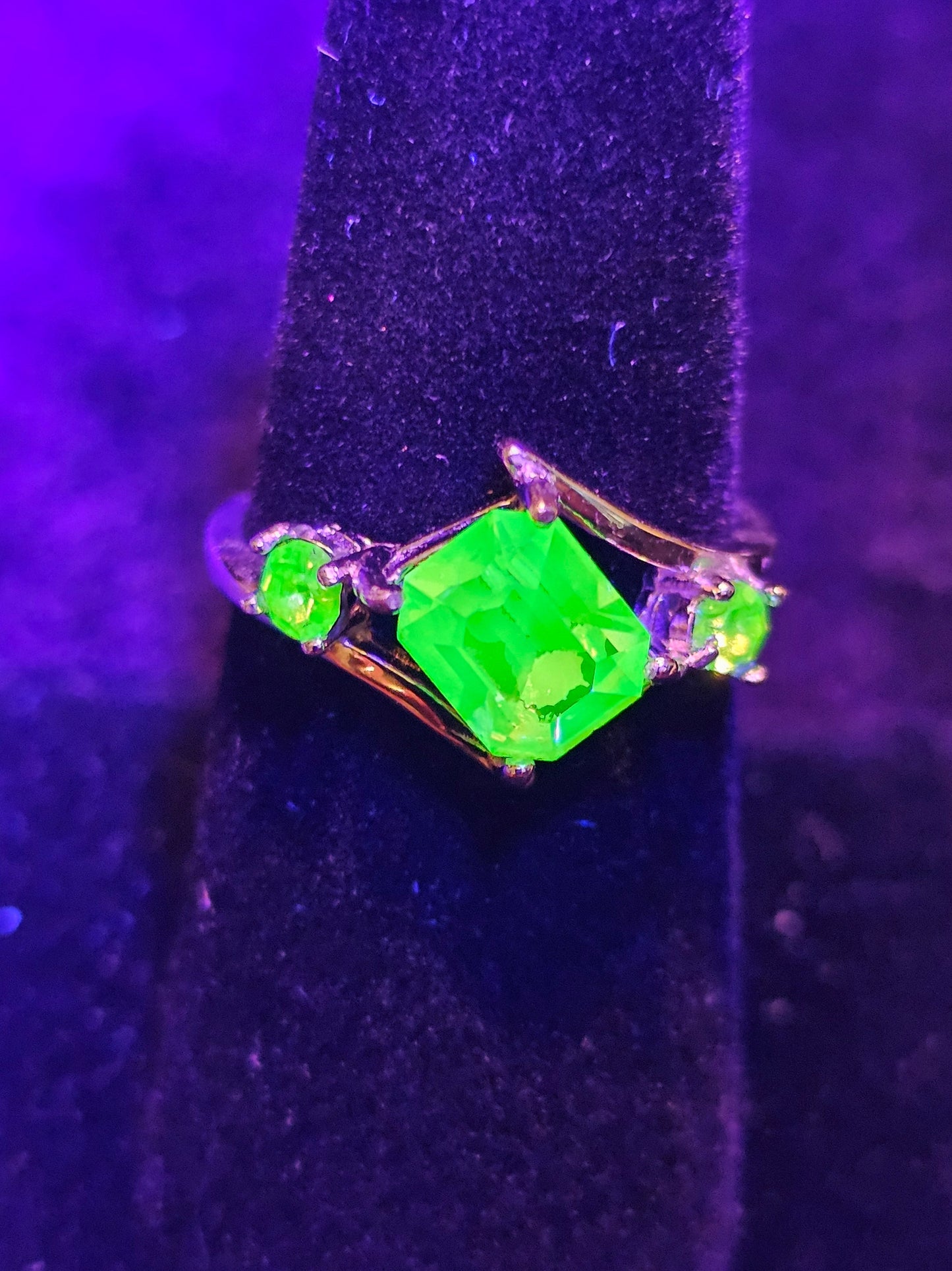Uranium Glass Emerald cut Ring size 4 through 10.5 in new Sterling Silver with a vintage Uranium glass stone that glows under black / light