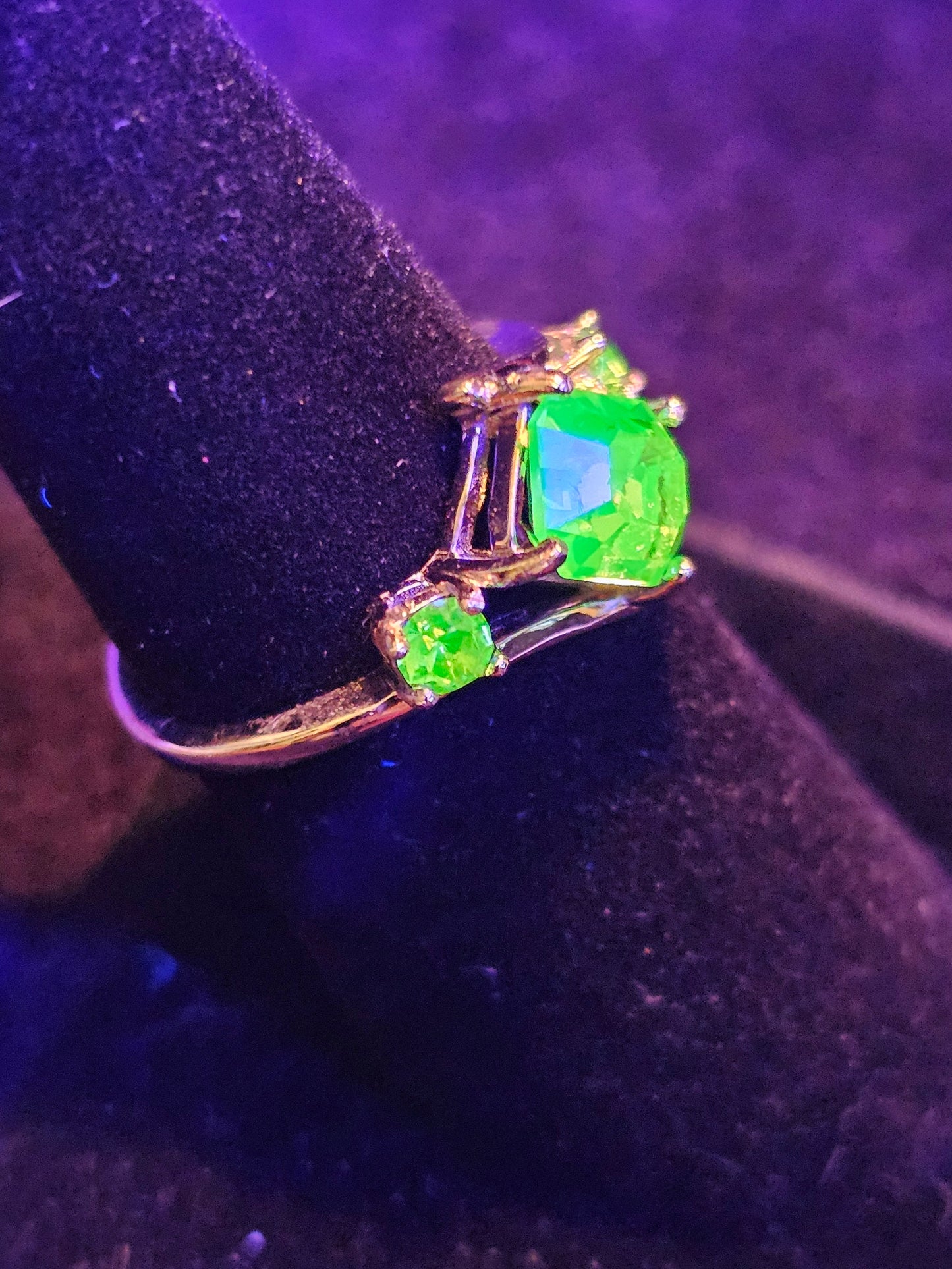 Uranium Glass Emerald cut Ring size 4 through 10.5 in new Sterling Silver with a vintage Uranium glass stone that glows under black / light