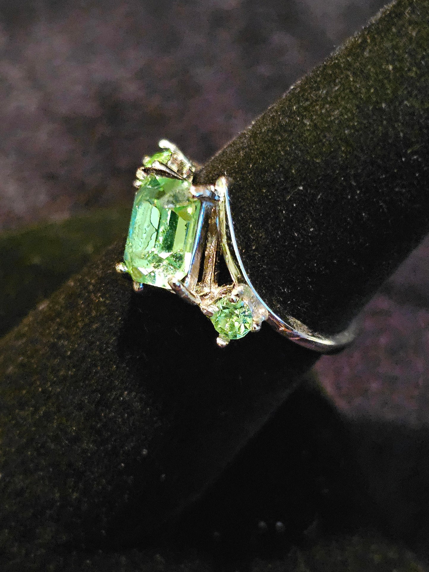 Uranium Glass Emerald cut Ring size 4 through 10.5 in new Sterling Silver with a vintage Uranium glass stone that glows under black / light